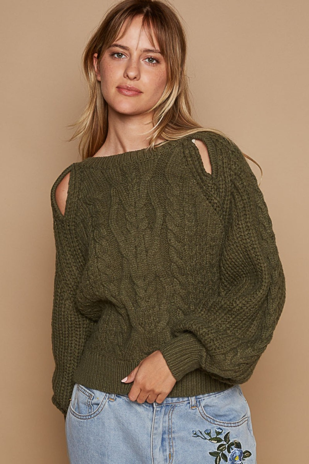 POL Cable Knit Cutout Long Sleeve Sweater-TOPS / DRESSES-[Adult]-[Female]-Dried Olive-S-2022 Online Blue Zone Planet