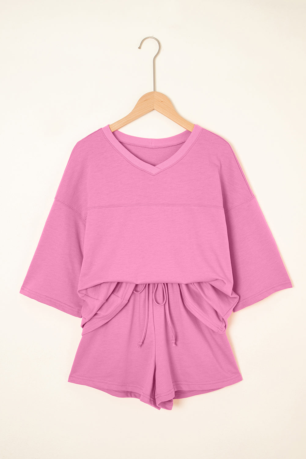 Bonbon Solid Loose V Neck Half Sleeve Tee and Shorts-Two Piece Sets/Short Sets-[Adult]-[Female]-2022 Online Blue Zone Planet