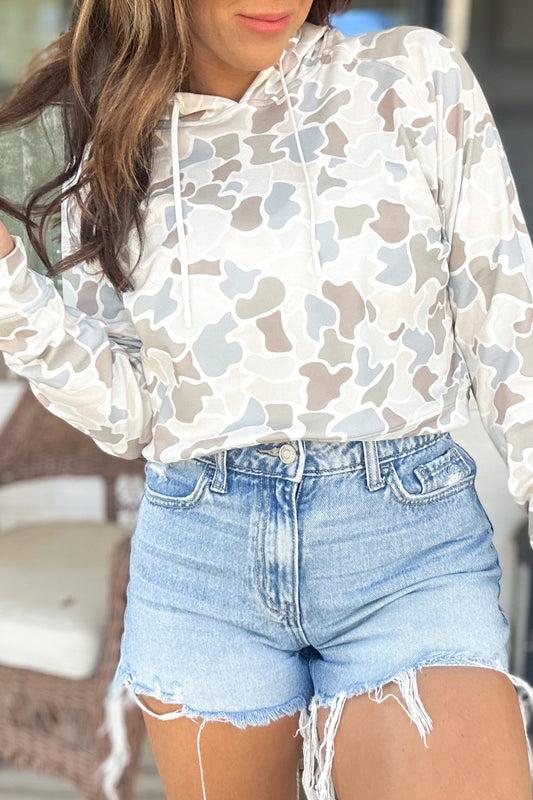 Beige Camouflage Print Long Sleeve Hooded Pullover Casual Top-Tops / Dresses-[Adult]-[Female]-2022 Online Blue Zone Planet