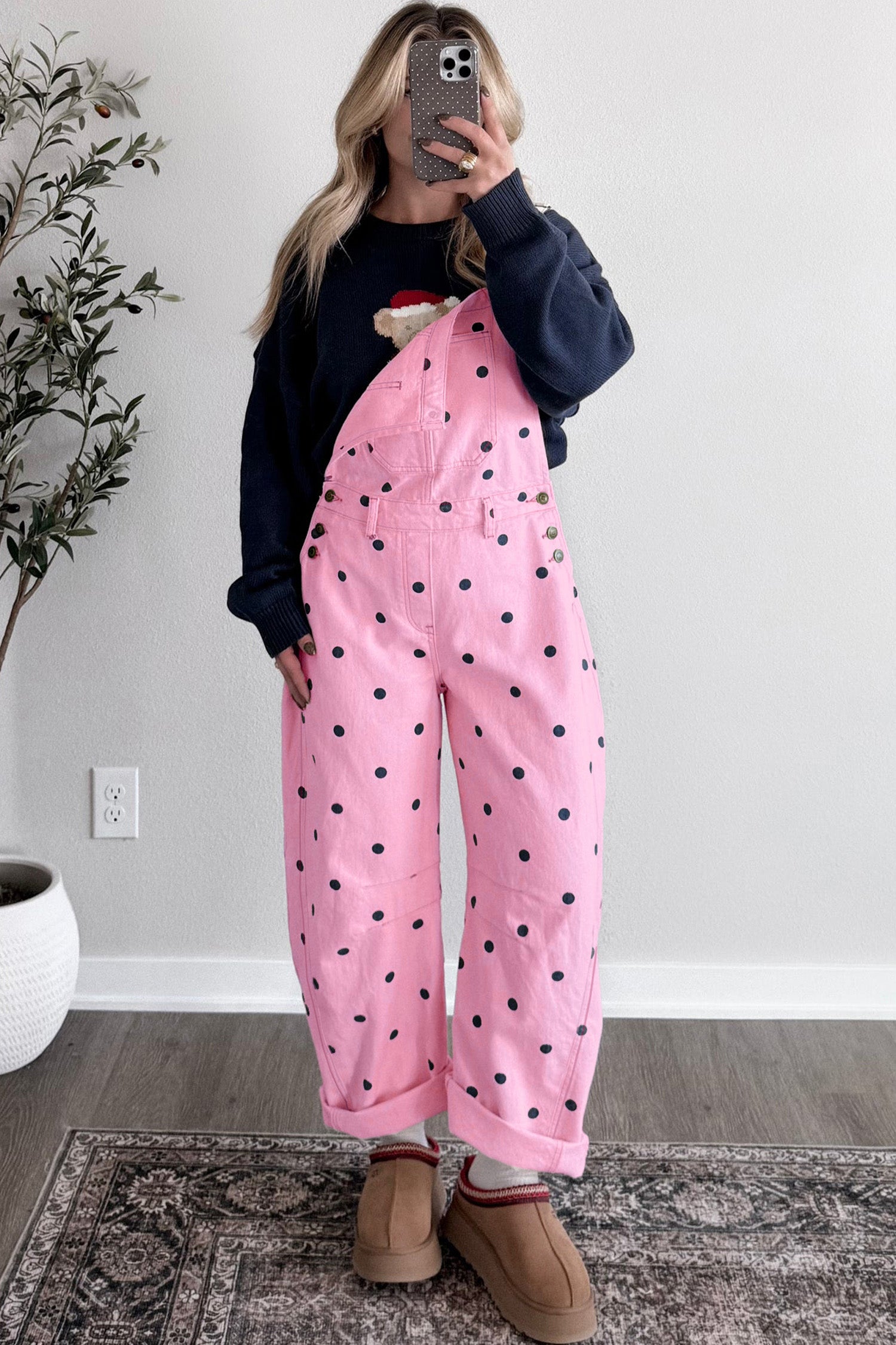 Jet Stream Polka Dot Print Bib Pocket Denim Barrel Overalls Jumpsuit-Bottoms/Jumpsuits & Rompers-[Adult]-[Female]-2022 Online Blue Zone Planet