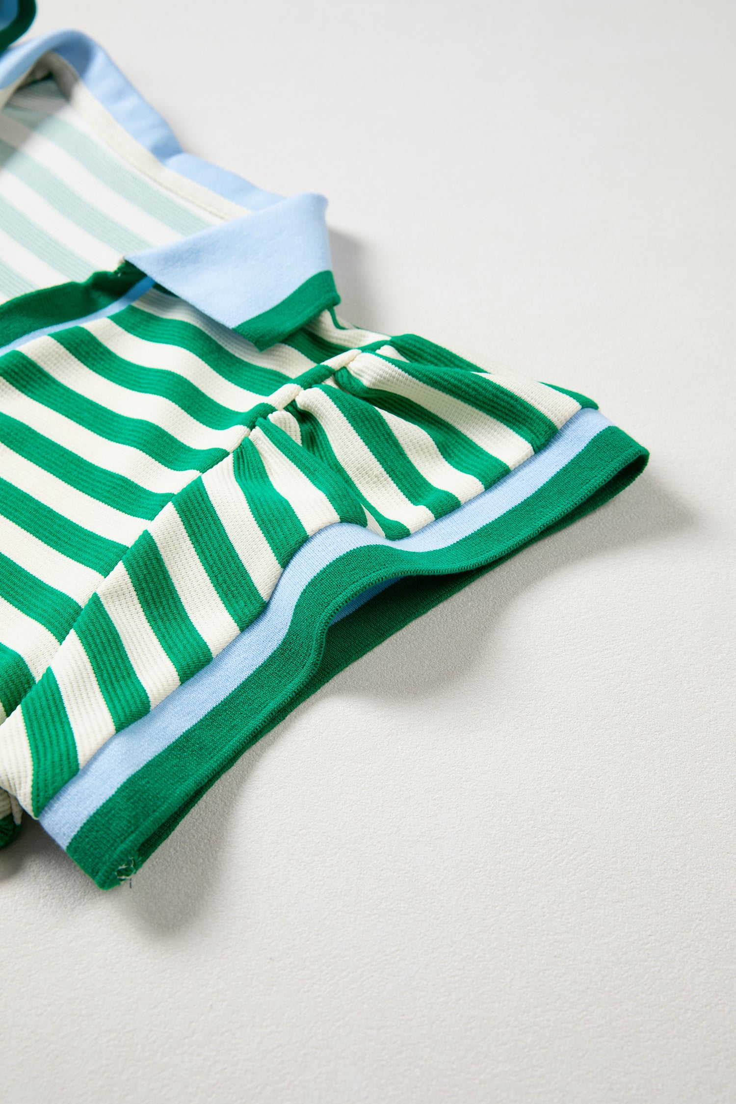 Rose Stripe Contrast Trim Polo Collar Ruffled Short Sleeve Blouse-Tops/Blouses & Shirts-[Adult]-[Female]-2022 Online Blue Zone Planet