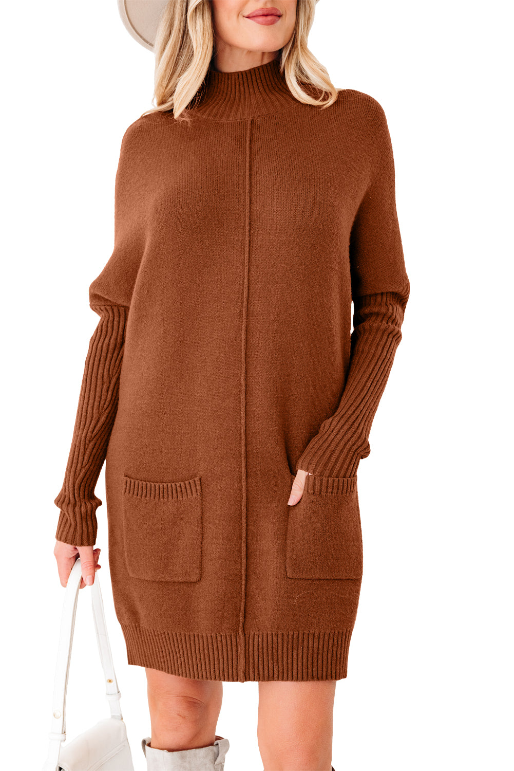Chestnut Ribbed High Neck Front Pockets Center Seam Shift Sweater Dress-Sweaters & Cardigans/Sweater Dresses-[Adult]-[Female]-2022 Online Blue Zone Planet