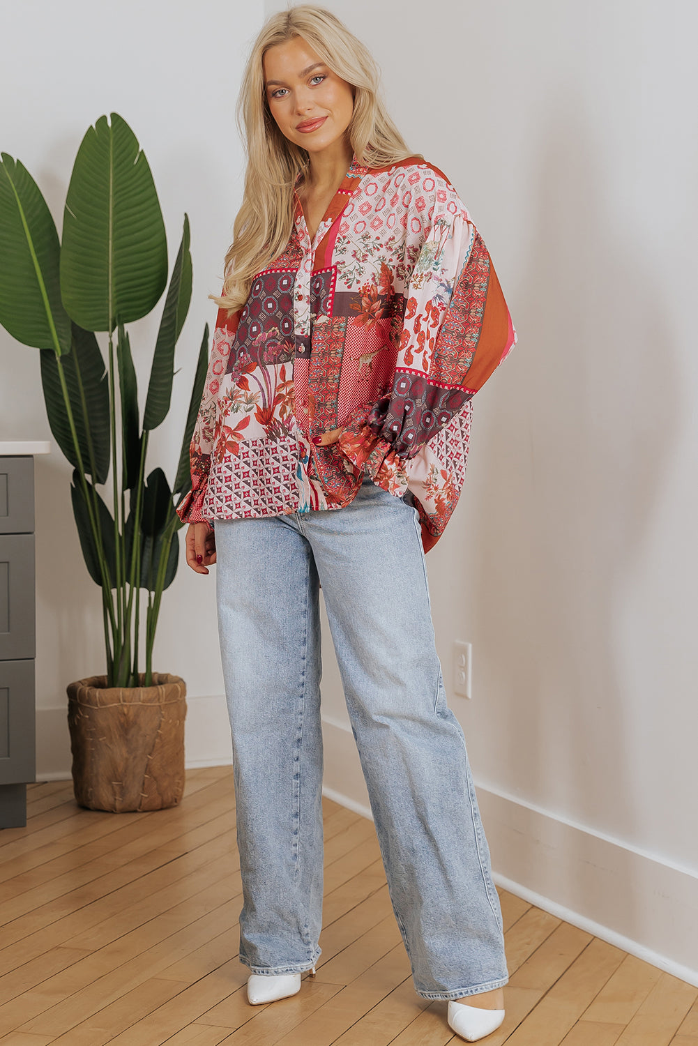 Blue Zone Planet | Red Boho Geometric Mixed Print Patchwork Bubble Sleeve Shirt-Tops/Blouses & Shirts-[Adult]-[Female]-2022 Online Blue Zone Planet