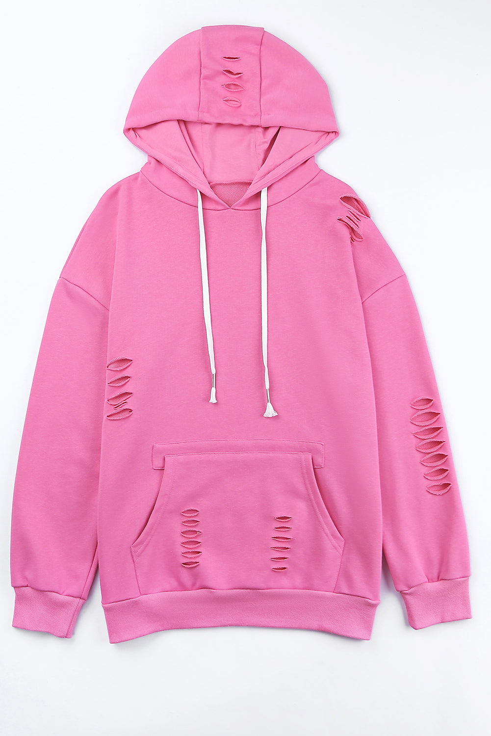 Pink Solid Ripped Hooded Sweatshirt with Kangaroo Pocket-Tops/Sweatshirts & Hoodies-[Adult]-[Female]-2022 Online Blue Zone Planet