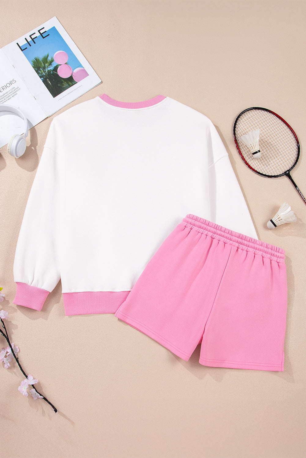 Strawberry Pink Color Block Pullover and Lace-up Elastic Waist Shorts Set-Two Piece Sets/Short Sets-[Adult]-[Female]-2022 Online Blue Zone Planet