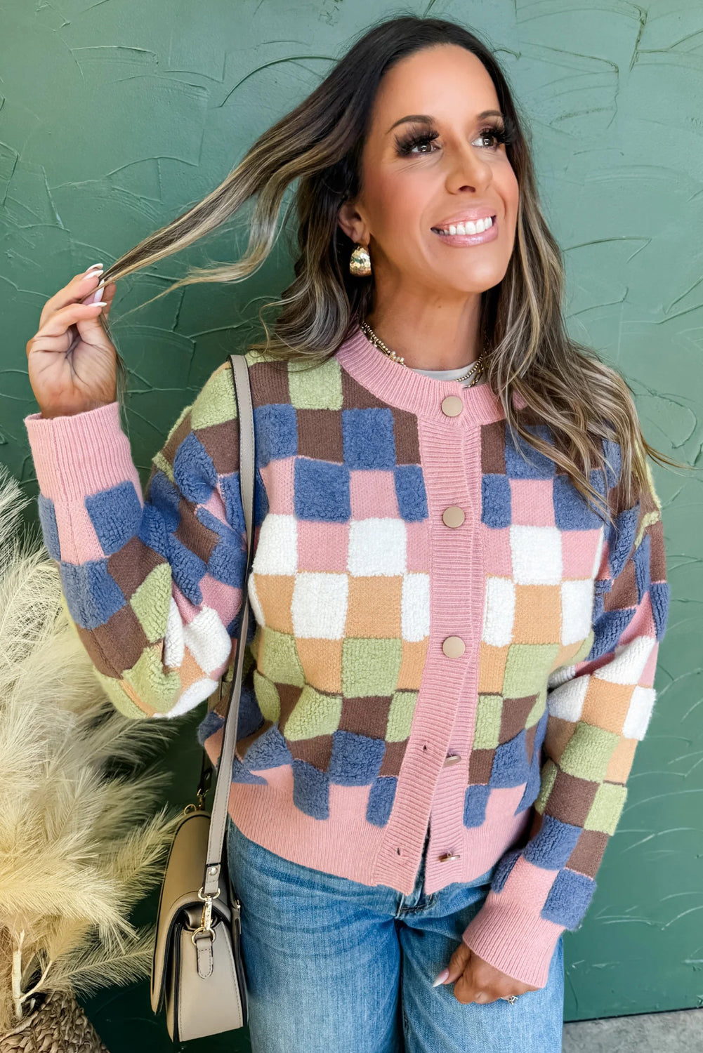 Multicolour Plush Checkered Pattern Button Front Cardigan Sweater-Sweaters & Cardigans/Cardigans-[Adult]-[Female]-2022 Online Blue Zone Planet