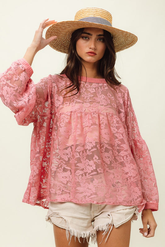 BiBi Floral Lace Long Sleeve Top-TOPS / DRESSES-[Adult]-[Female]-Mauve-S-2022 Online Blue Zone Planet