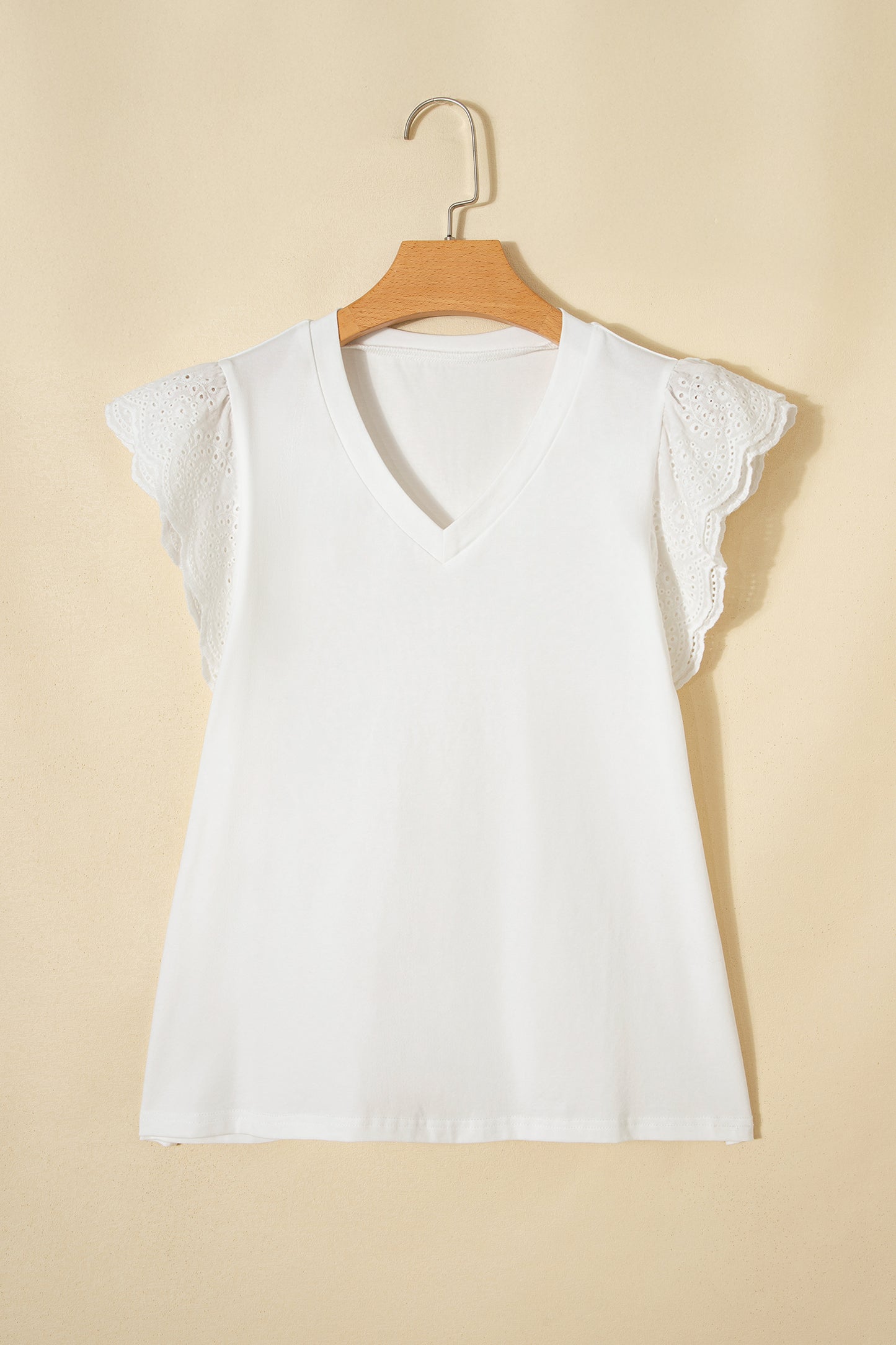 White Eyelet Embroidered Flutter Sleeve Patchwork V Neck Tee-Tops/Tops & Tees-[Adult]-[Female]-2022 Online Blue Zone Planet