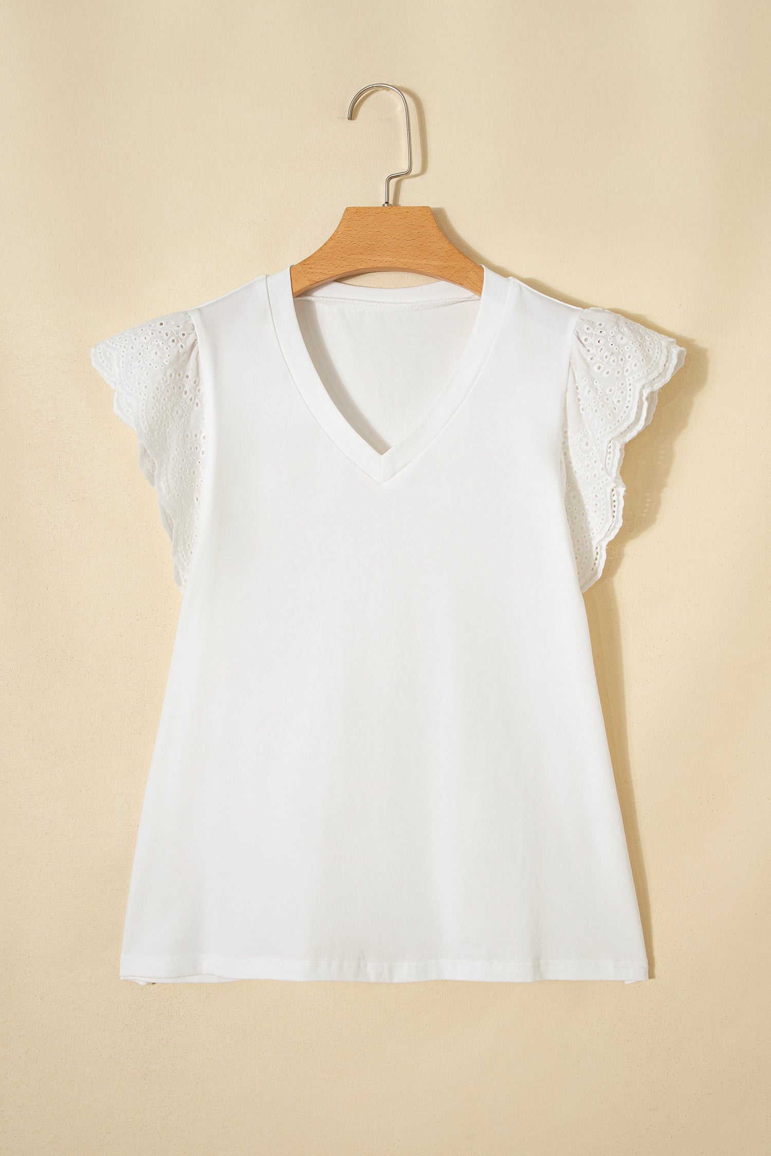 White Eyelet Embroidered Flutter Sleeve Patchwork V Neck Tee-Tops/Tops & Tees-[Adult]-[Female]-2022 Online Blue Zone Planet