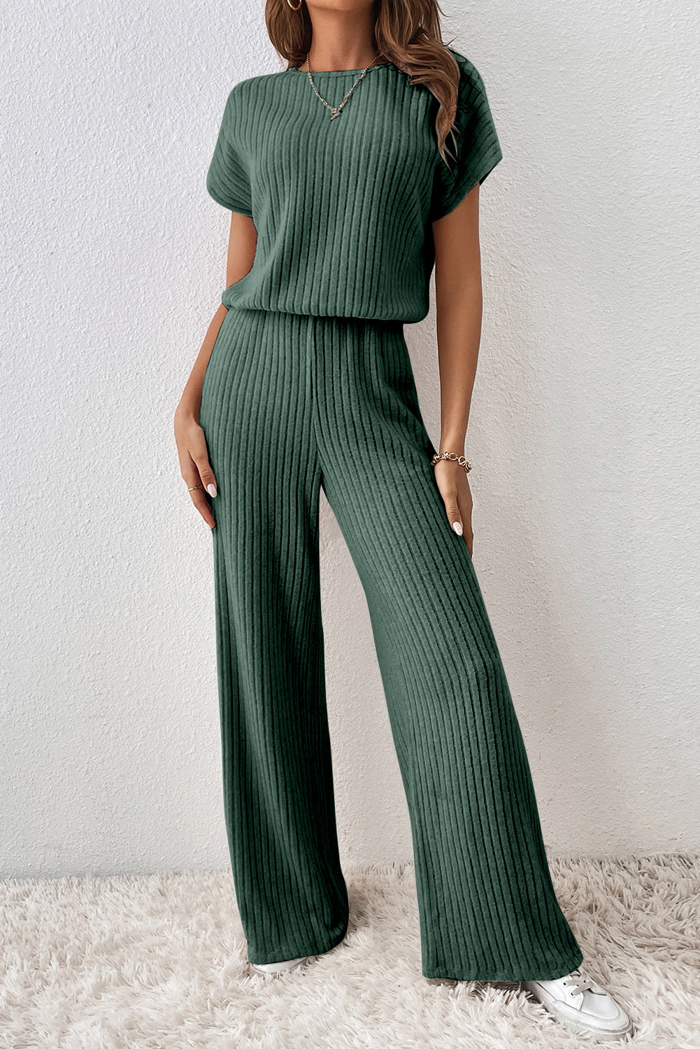 Mist Green Ribbed Keyhole Short Sleeve Wide Leg Jumpsuit-Bottoms/Jumpsuits & Rompers-[Adult]-[Female]-2022 Online Blue Zone Planet