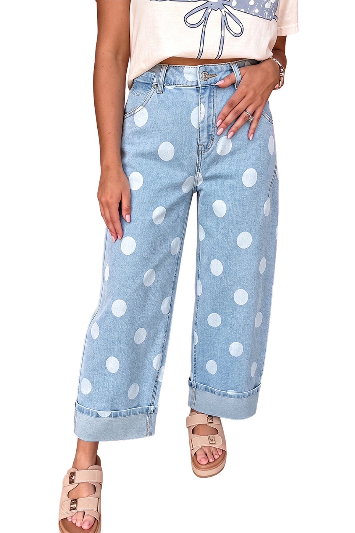 Sky Blue Polka Dot Ankle-Length Metal Button Casual Jeans-Bottoms/Jeans-[Adult]-[Female]-2022 Online Blue Zone Planet