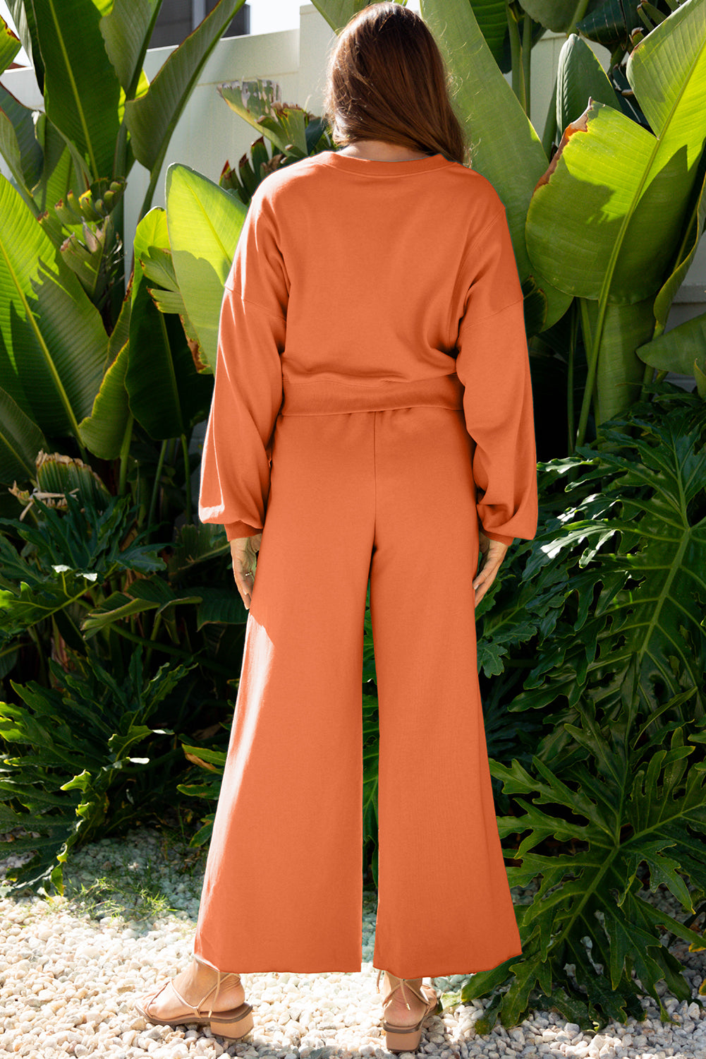Flamingo Drop Shoulder Puff Sleeve Crop Pullover Drawstring Wide Leg Pants Set-Two Piece Sets/Pant Sets-[Adult]-[Female]-2022 Online Blue Zone Planet