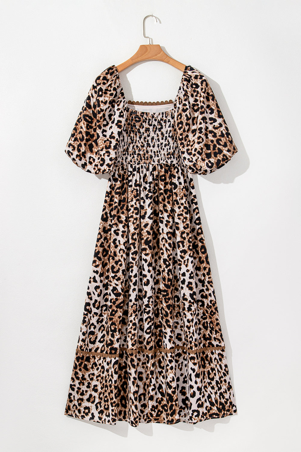 Brown Leopard Print Puff Sleeve Ricrac Maxi Dress-Maxi Dresses-[Adult]-[Female]-2022 Online Blue Zone Planet