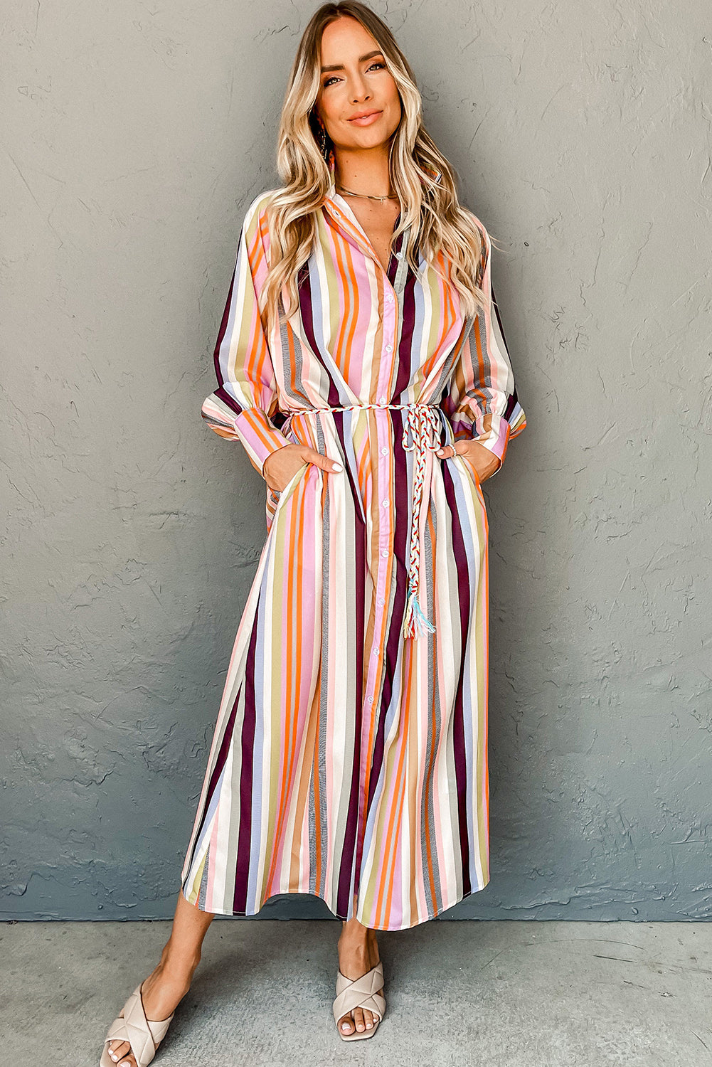 White Colorful Striped Cuffed Sleeve Tassel Tie Maxi Dress-Maxi Dresses-[Adult]-[Female]-2022 Online Blue Zone Planet