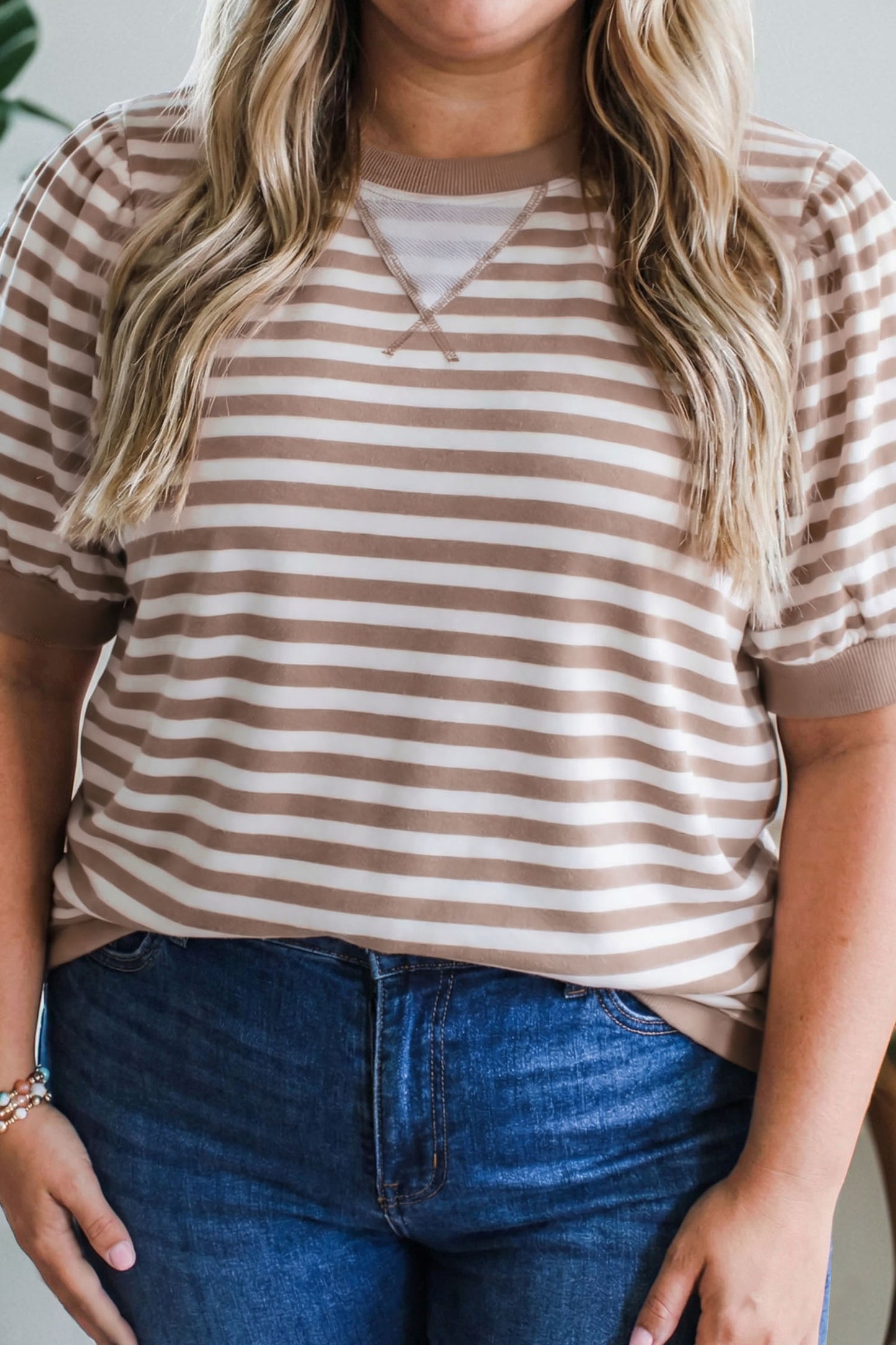 Orange Stripe Ribbed Trim Round Neck Short Puff Sleeve Plus T Shirt-Plus Size/Plus Size Tops-[Adult]-[Female]-Orange Stripe-1X-2022 Online Blue Zone Planet