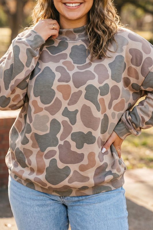 Multicolour Camo Print Ribbed Mock Neck Plus Size Sweatshirt-Plus Size/Plus Size Sweatshirts & Hoodies-[Adult]-[Female]-Multicolour-1X-2022 Online Blue Zone Planet