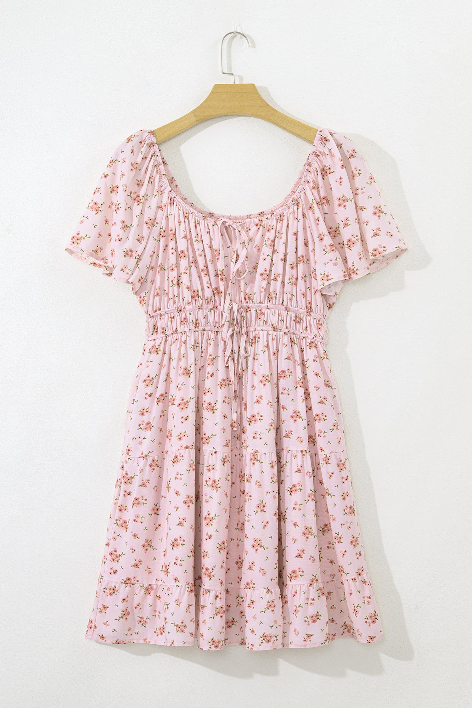 Pink Front Tie Shirred Waist Short Sleeve Ruffled Floral Mini Dress-TOPS / DRESSES-[Adult]-[Female]-2022 Online Blue Zone Planet
