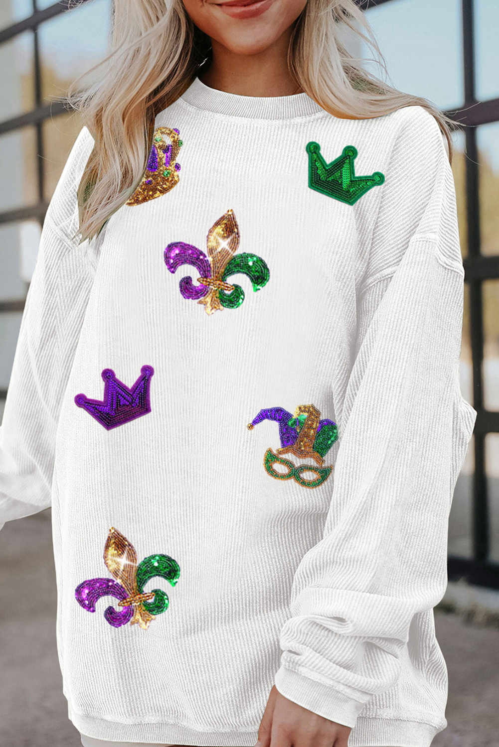 White Sequin Mardi Gras Symbol Crown Mask Patched Corded Sweatshirt-Graphic/Graphic Sweatshirts-[Adult]-[Female]-2022 Online Blue Zone Planet