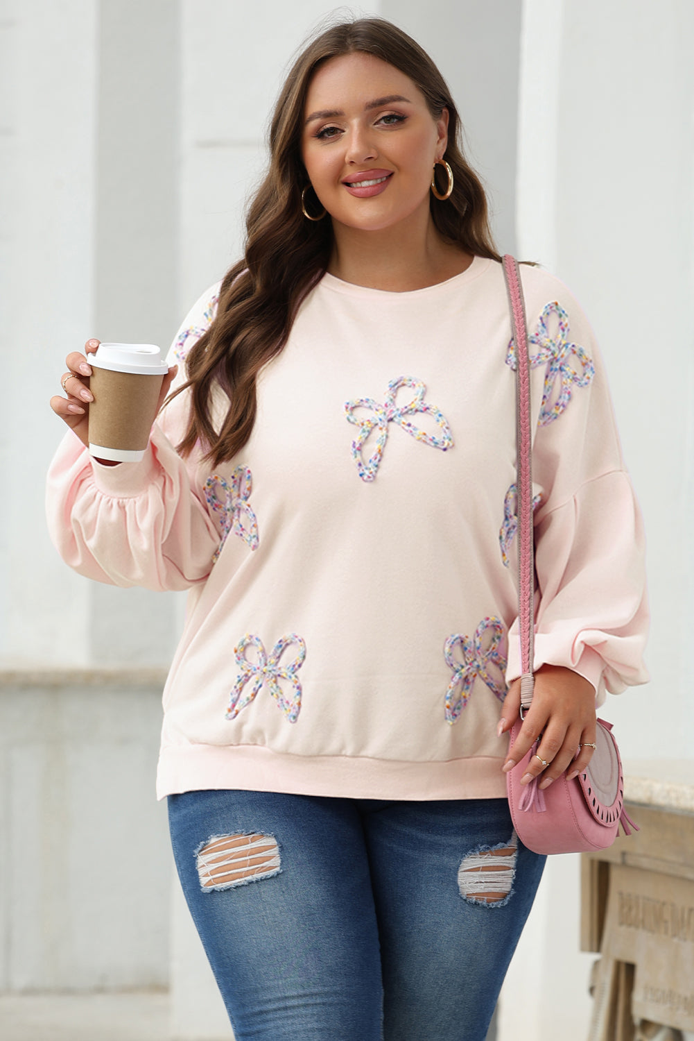 Blue Zone Planet | Light Pink Embroidered Bow Lantern Sleeve Oversized Pullover Sweatshirt-Tops/Sweatshirts & Hoodies-[Adult]-[Female]-2022 Online Blue Zone Planet