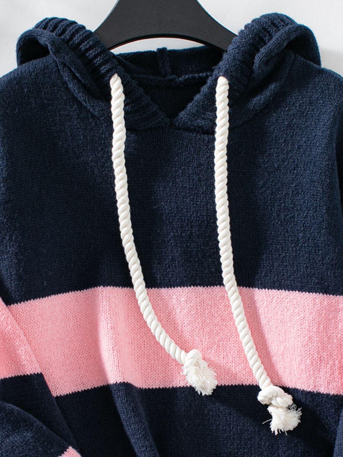 Drawstring Contrast Stripe Dropped Shoulder Hooded Sweater-TOPS / DRESSES-[Adult]-[Female]-2022 Online Blue Zone Planet