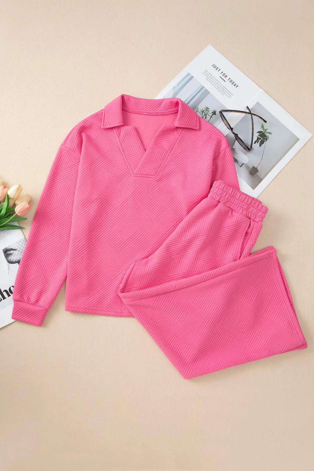 Textured Long Sleeve Top and Drawstring Pants Set-TOPS / DRESSES-[Adult]-[Female]-Hot Pink-S-2022 Online Blue Zone Planet