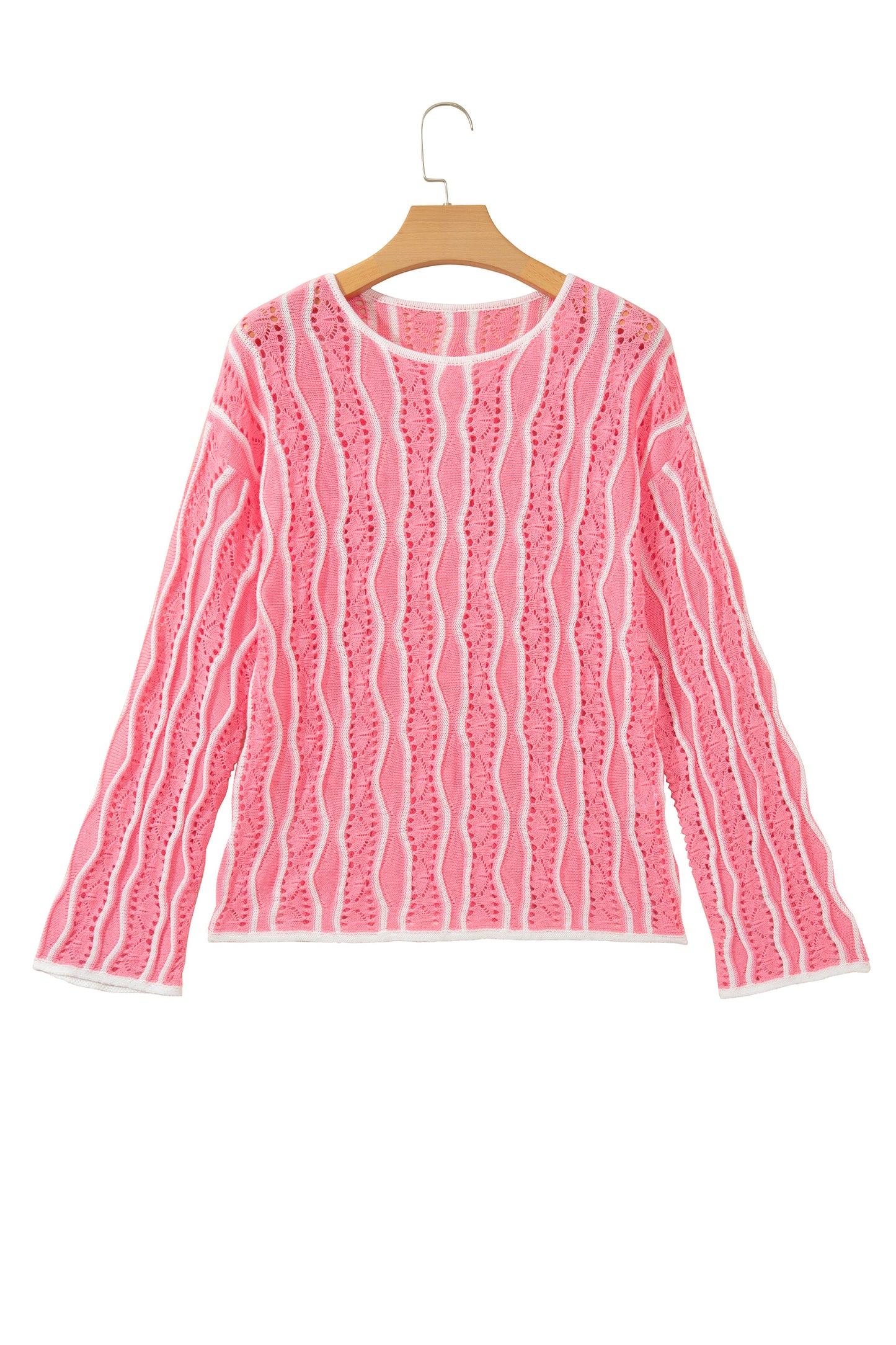 Pink Wavy Detail Hollow Out Knit Long Sleeve Cotton Pullover Sweater-Sweaters & Cardigans/Sweaters-[Adult]-[Female]-2022 Online Blue Zone Planet