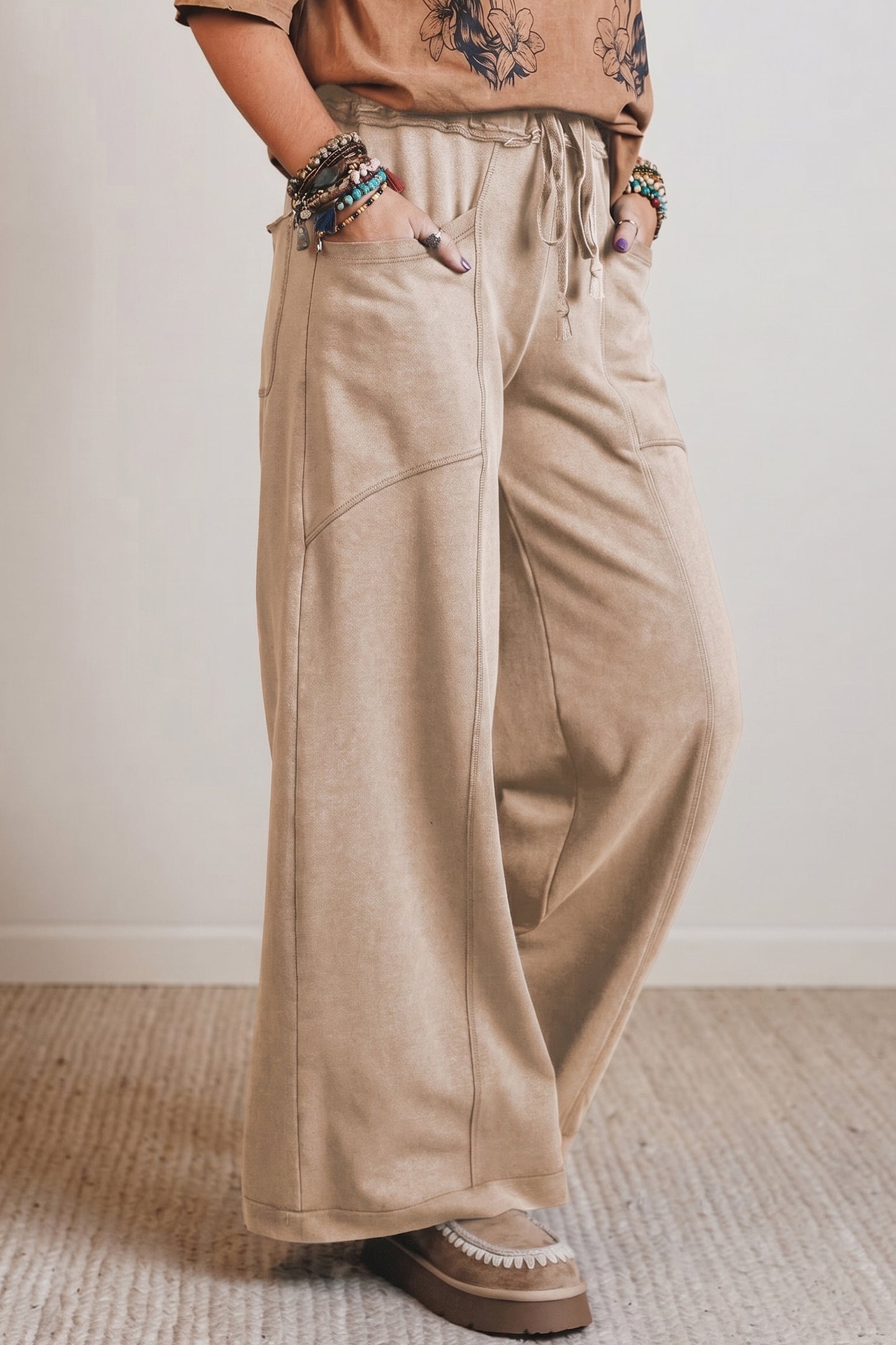 Smoke Gray Mineral Wash Drawstring Retro High Waist Wide Leg Western Pants-Bottoms/Pants & Culotte-[Adult]-[Female]-2022 Online Blue Zone Planet