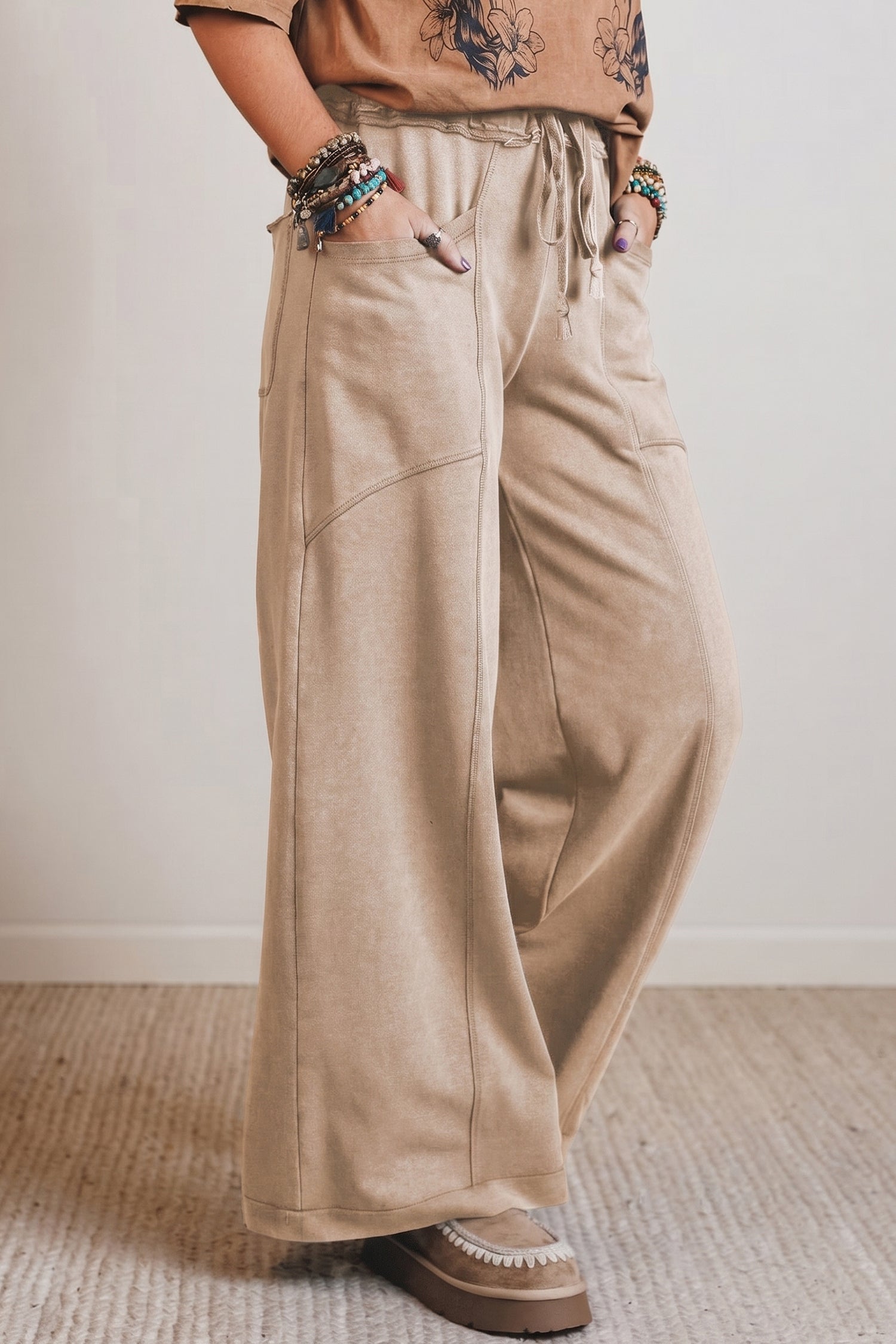 Smoke Gray Mineral Wash Drawstring Retro High Waist Wide Leg Western Pants-Bottoms/Pants & Culotte-[Adult]-[Female]-2022 Online Blue Zone Planet