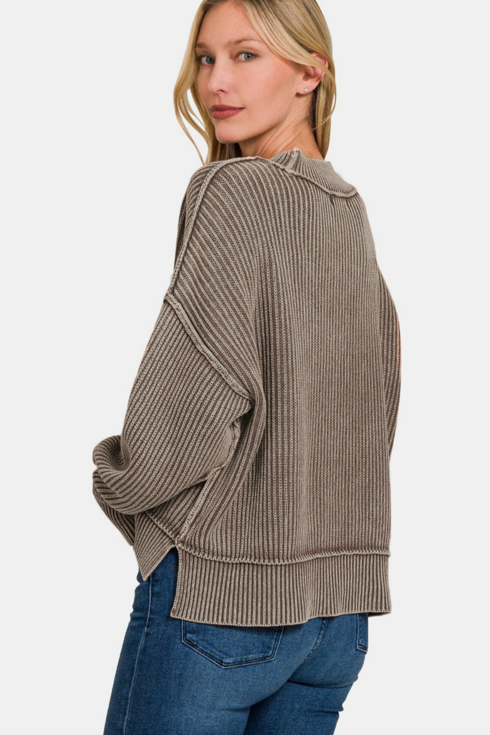 Blue Zone Planet | Zenana Exposed Seam Round Neck Dropped Shoulder Sweater-TOPS / DRESSES-[Adult]-[Female]-2022 Online Blue Zone Planet