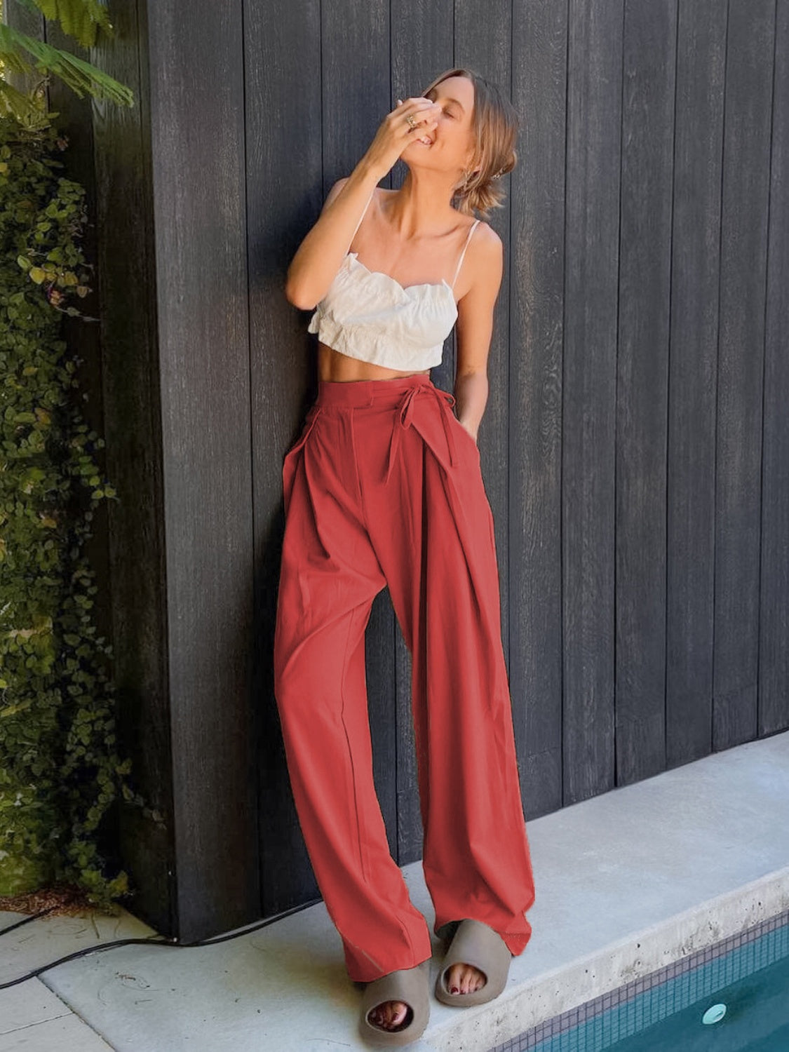 Tied High Waist Wide Leg Pants-BOTTOMS SIZES SMALL MEDIUM LARGE-[Adult]-[Female]-Orange-Red-S-2022 Online Blue Zone Planet