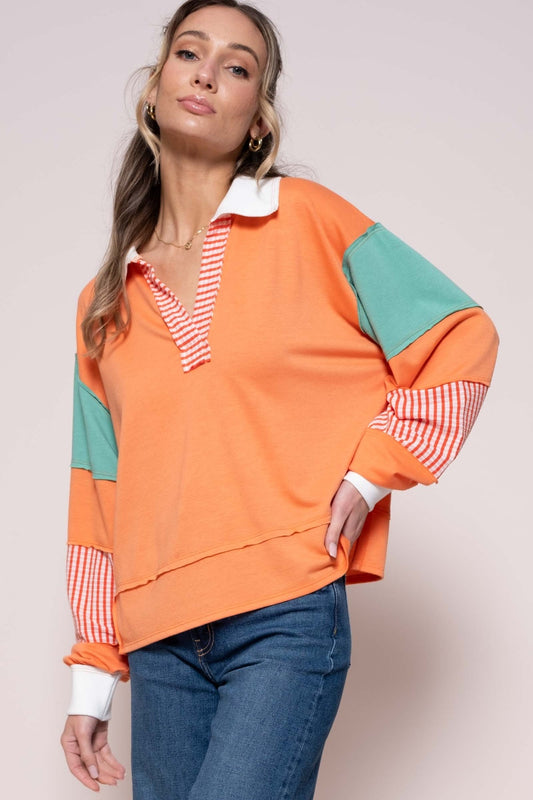 Hailey & Co Color Block Top with Striped Panel-TOPS / DRESSES-[Adult]-[Female]-Coral-S-2022 Online Blue Zone Planet