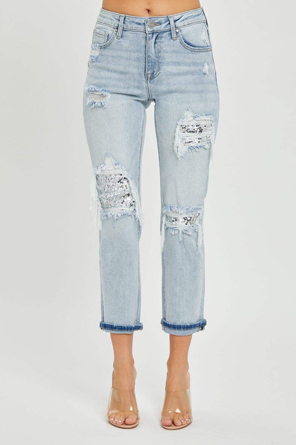 Blue Zone Planet | RISEN Mid-Rise Sequin Patched Jeans-TOPS / DRESSES-[Adult]-[Female]-2022 Online Blue Zone Planet