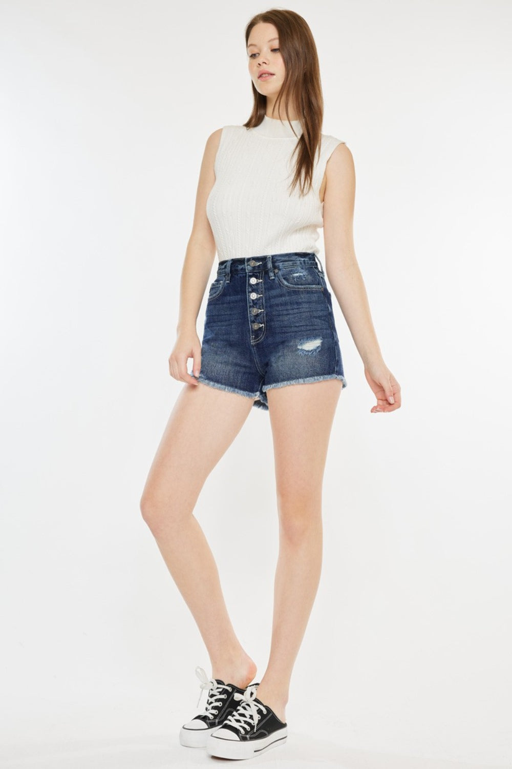 Blue Zone Planet | Kancan Raw Hem Button Fly Denim Shorts-BOTTOMS SIZES SMALL MEDIUM LARGE-[Adult]-[Female]-2022 Online Blue Zone Planet