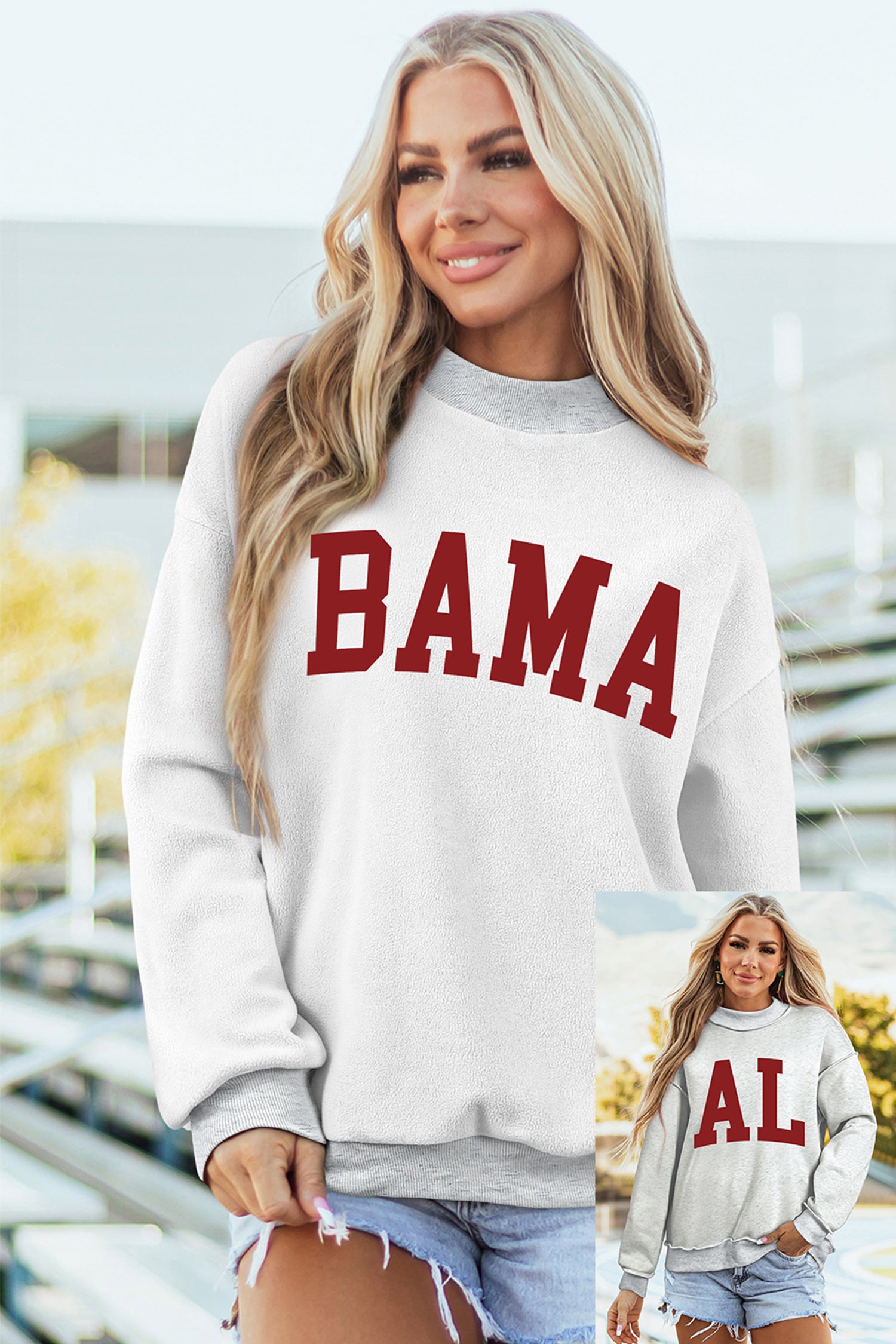 Light Grey AL/ BAMA Double Side Printed Mock Neck Reversible Sweatshirt-Graphic/Graphic Sweatshirts-[Adult]-[Female]-Light Grey-S-2022 Online Blue Zone Planet