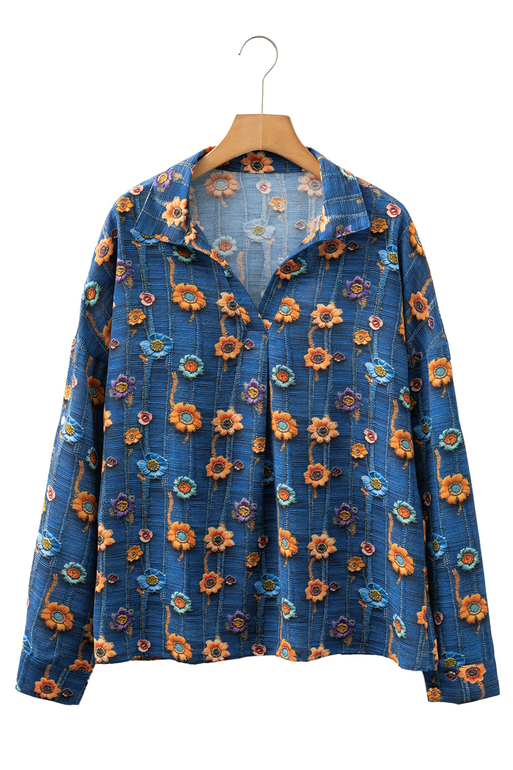 Blue Floral Collared V Neck Roll Up Sleeve Shift Blouse-Tops/Blouses & Shirts-[Adult]-[Female]-2022 Online Blue Zone Planet