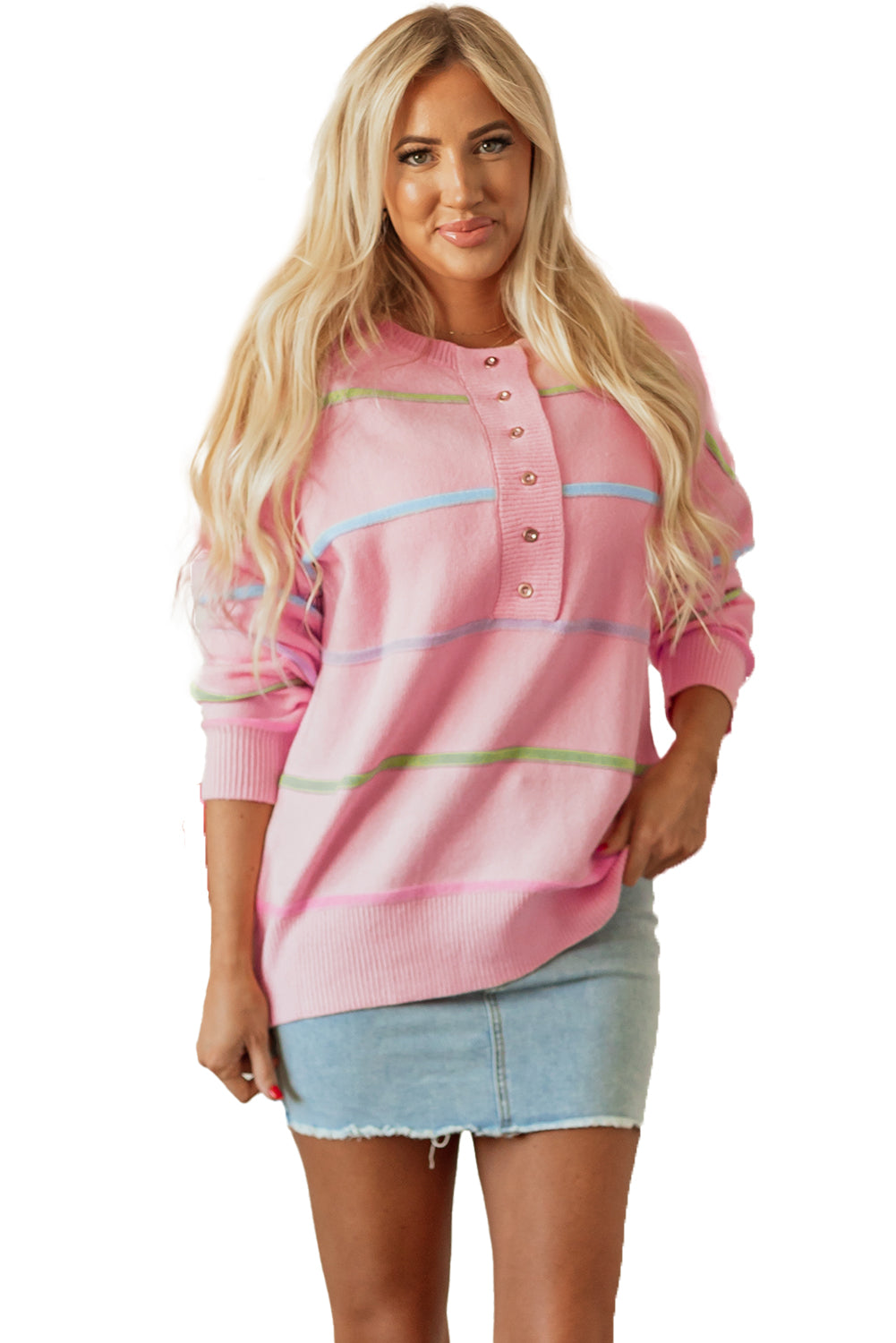 Blue Zone Planet | White Rainbow Stripes Drop Shoulder Baggy Henley Sweater-Sweaters & Cardigans/Sweaters-[Adult]-[Female]-2022 Online Blue Zone Planet