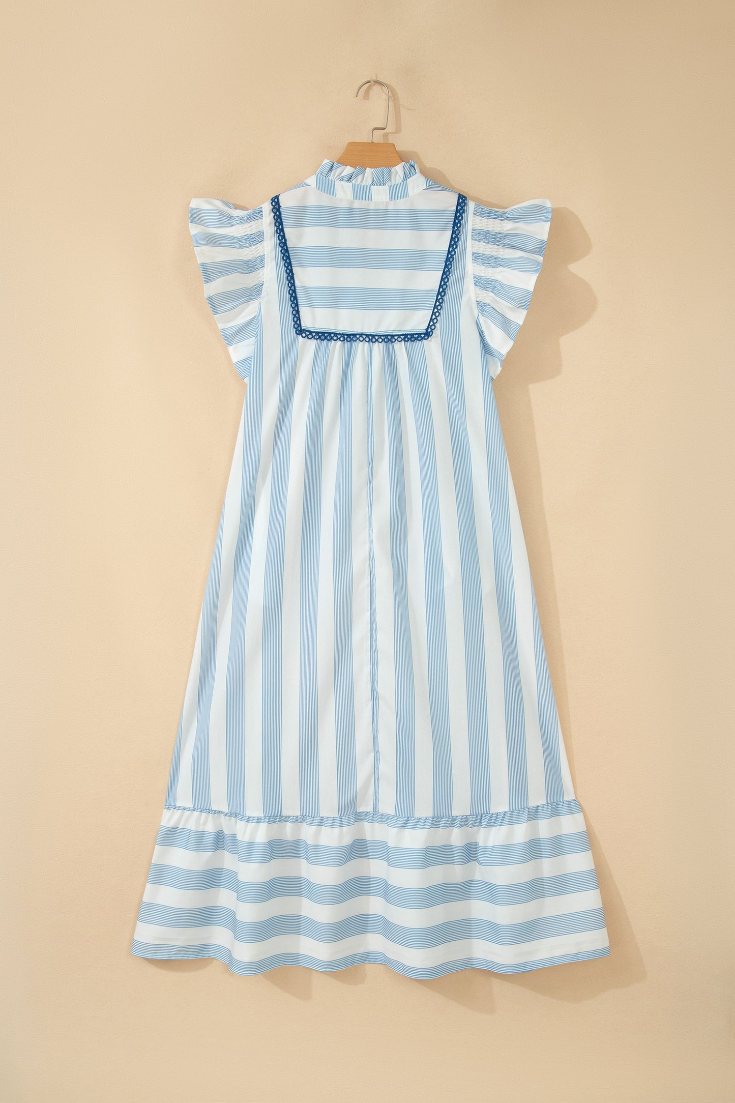 Sky Blue Stripe Subtle Lace Detail V Neck Ruffle Trim Casual Dress-TOPS / DRESSES-[Adult]-[Female]-2022 Online Blue Zone Planet