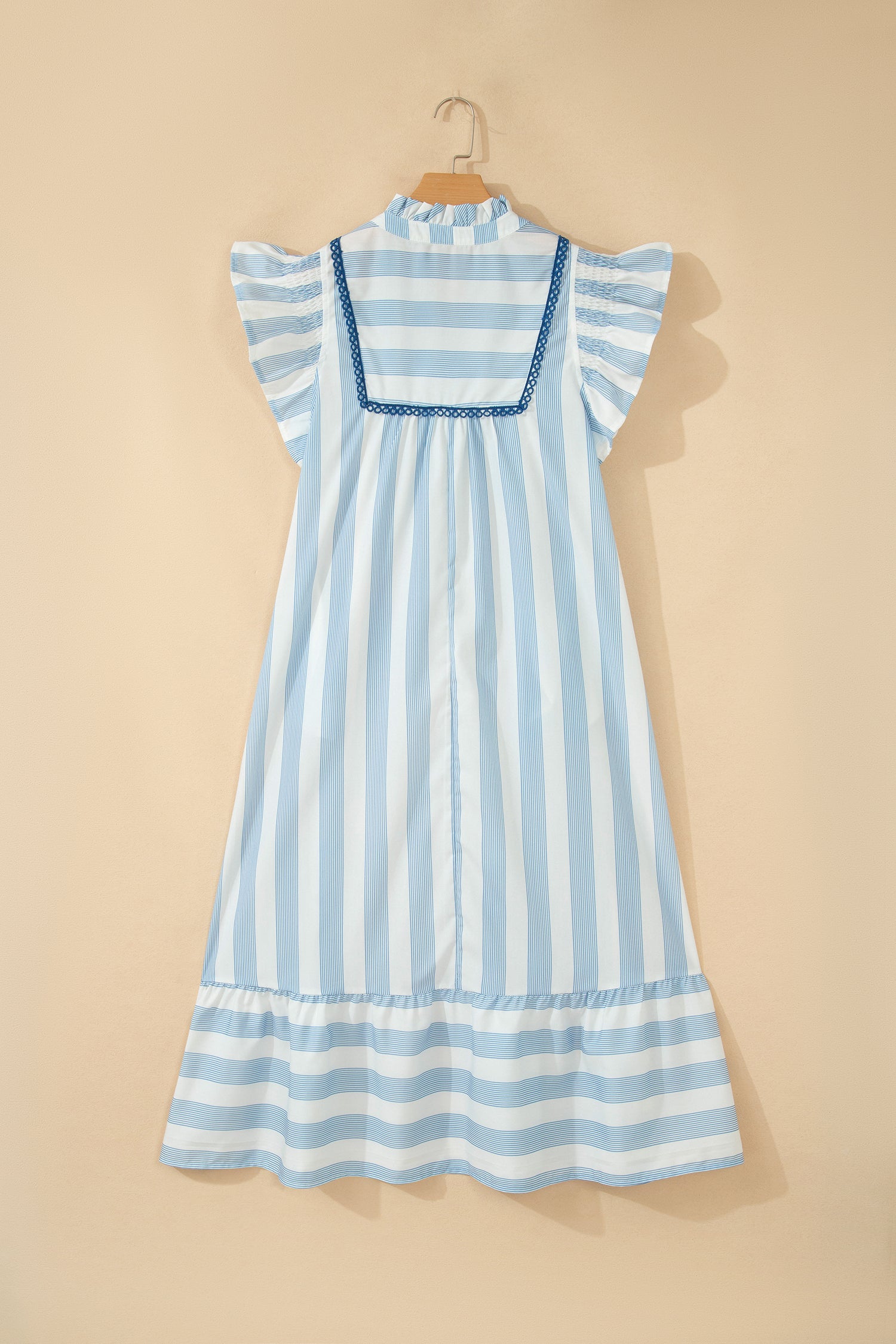 Sky Blue Stripe Subtle Lace Detail V Neck Ruffle Trim Casual Dress-TOPS / DRESSES-[Adult]-[Female]-2022 Online Blue Zone Planet
