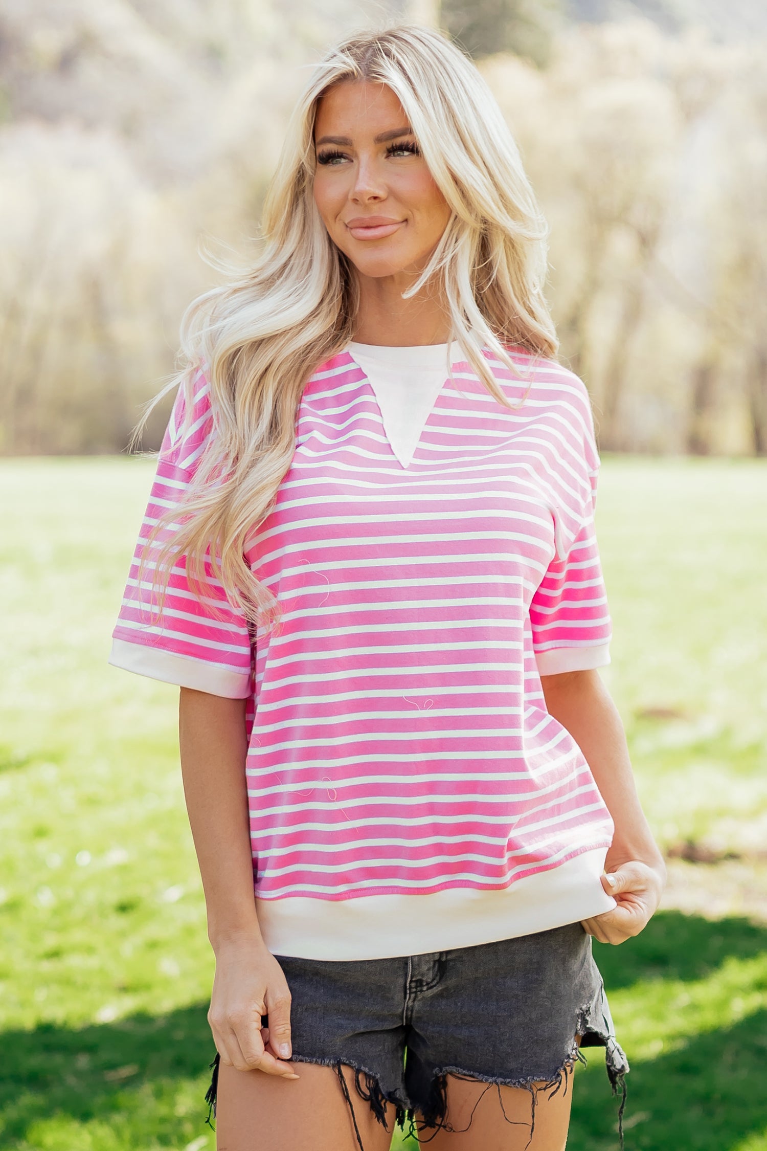Pink Stripe Round Neck Drop Shoulder Short Sleeve Loose Top-Tops/Tops & Tees-[Adult]-[Female]-2022 Online Blue Zone Planet