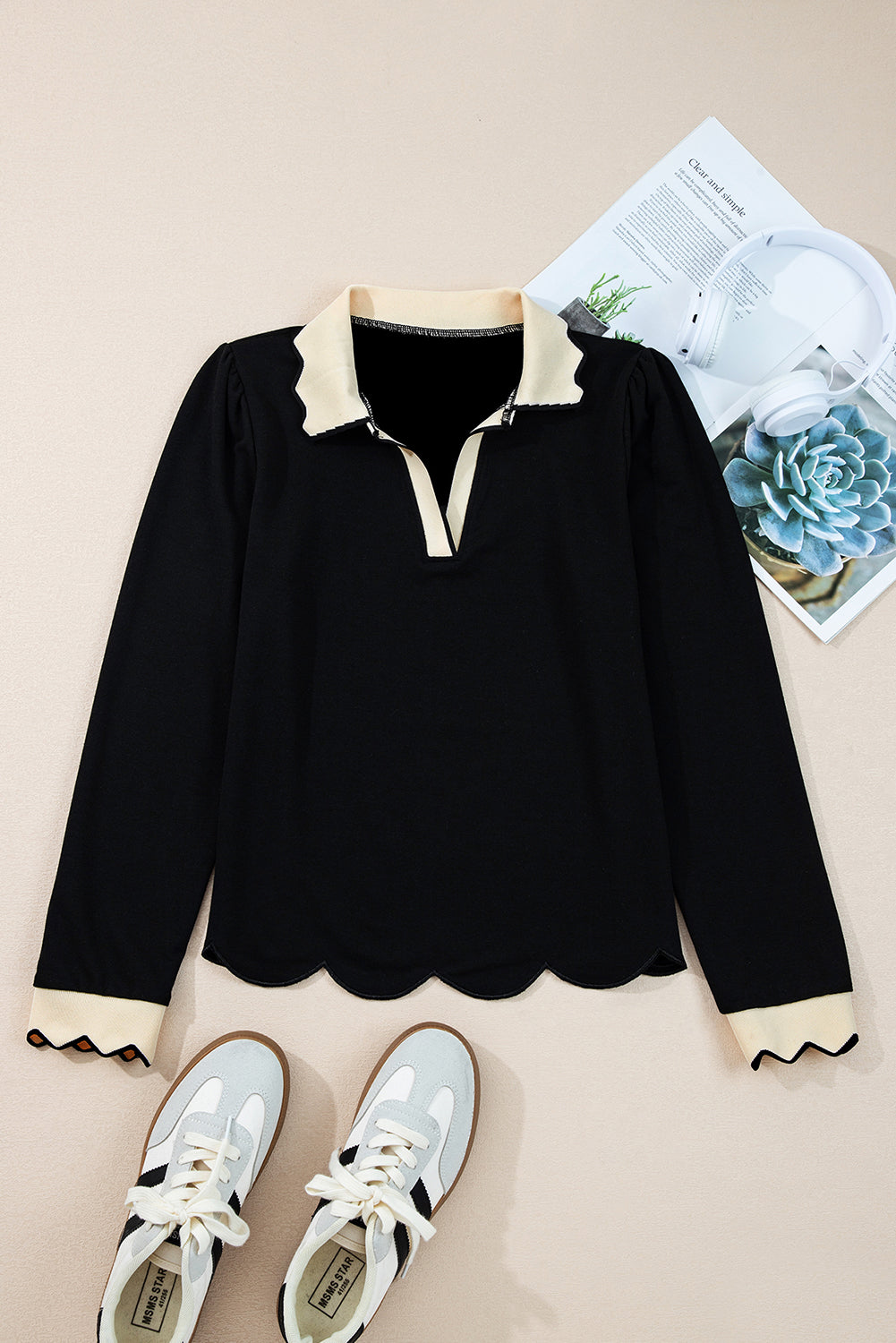 Black Scallop Trim Color Block Long Sleeve Collared Top-Tops/Long Sleeve Tops-[Adult]-[Female]-2022 Online Blue Zone Planet