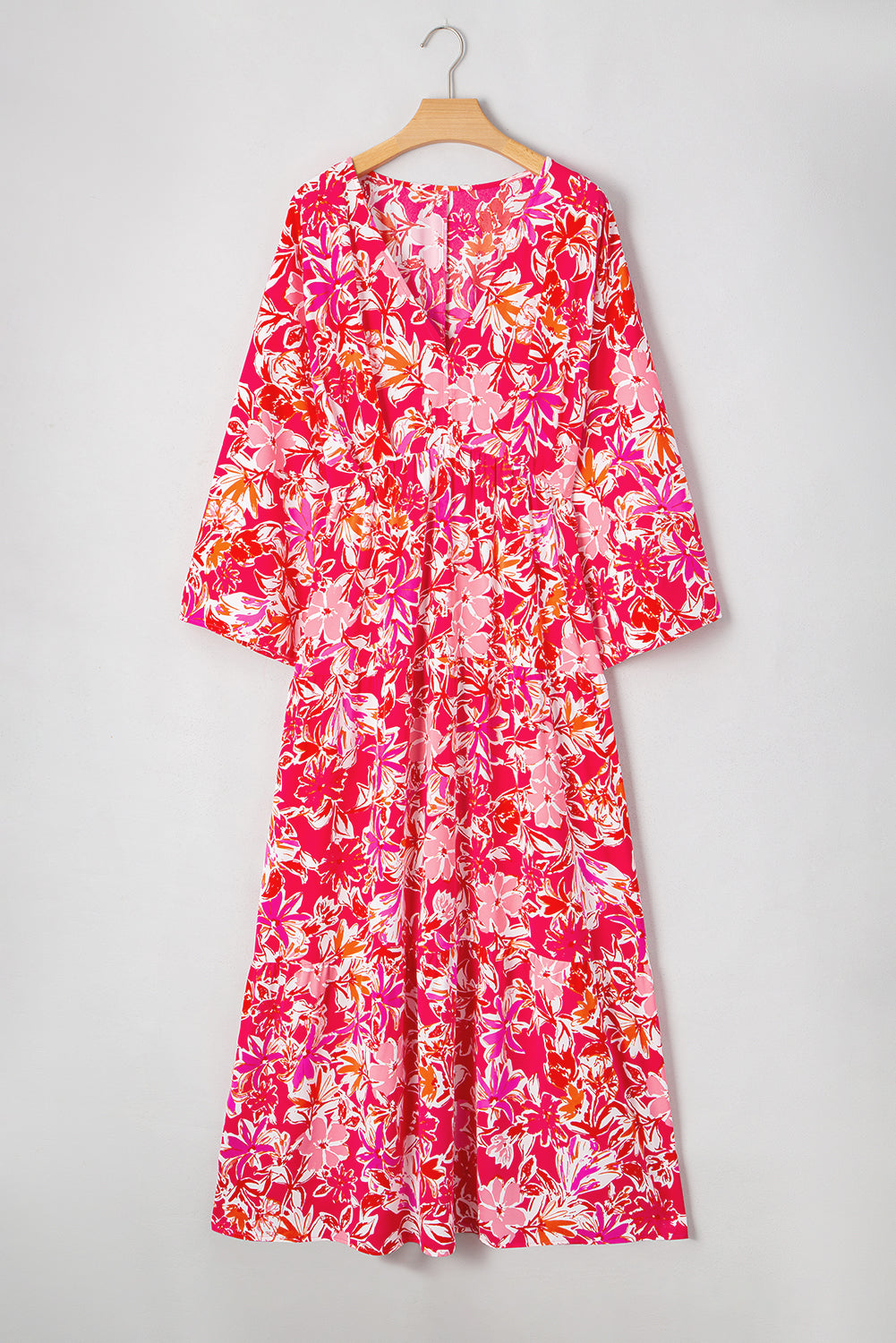 Blue Zone Planet | Rose Plus Size Floral V Neck Wide Sleeve Maxi Dress-TOPS / DRESSES-[Adult]-[Female]-2022 Online Blue Zone Planet