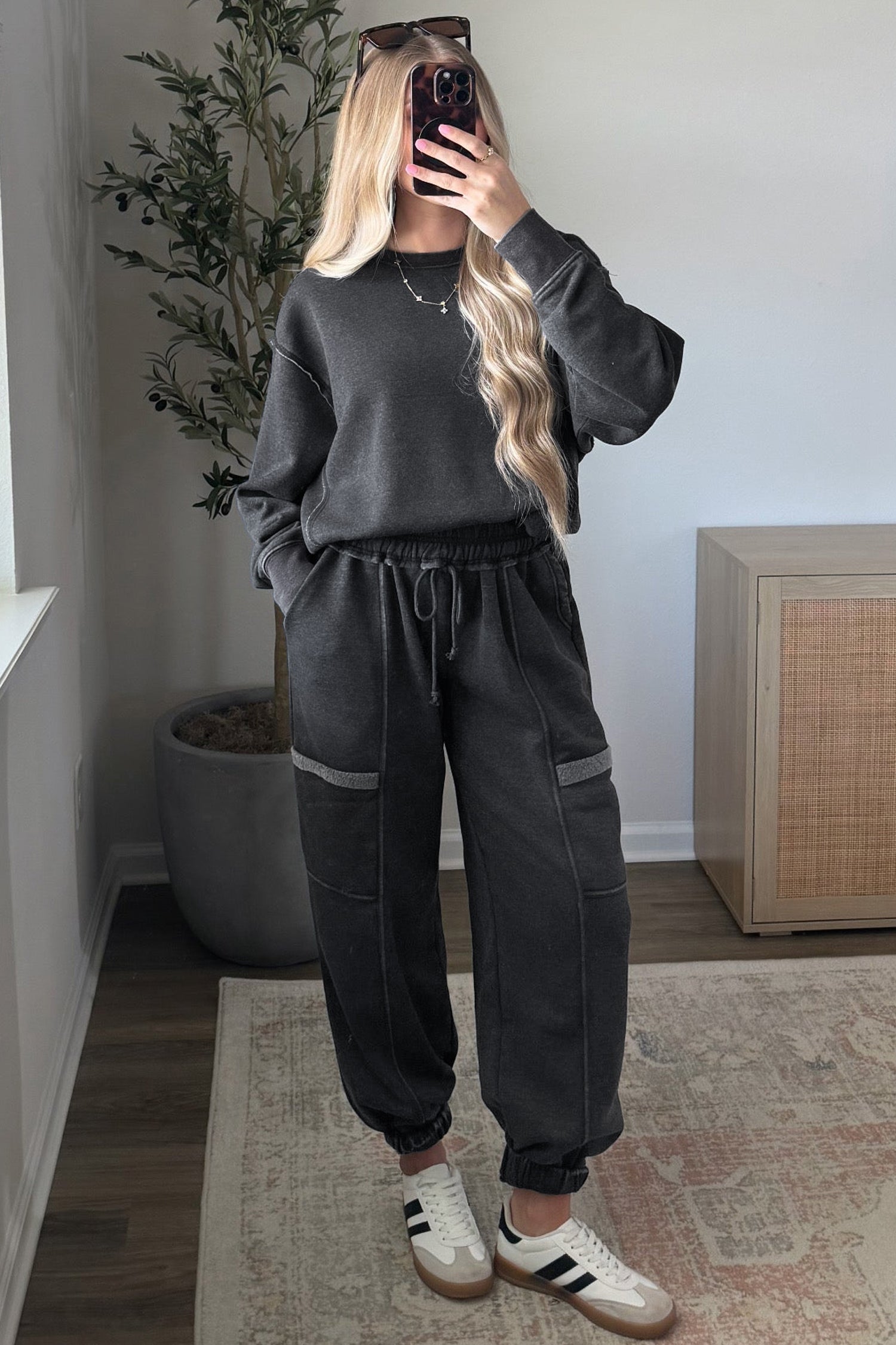 Carbon Grey Solid Colorblock Jogger Pants Set-Two Piece Sets/Pant Sets-[Adult]-[Female]-2022 Online Blue Zone Planet