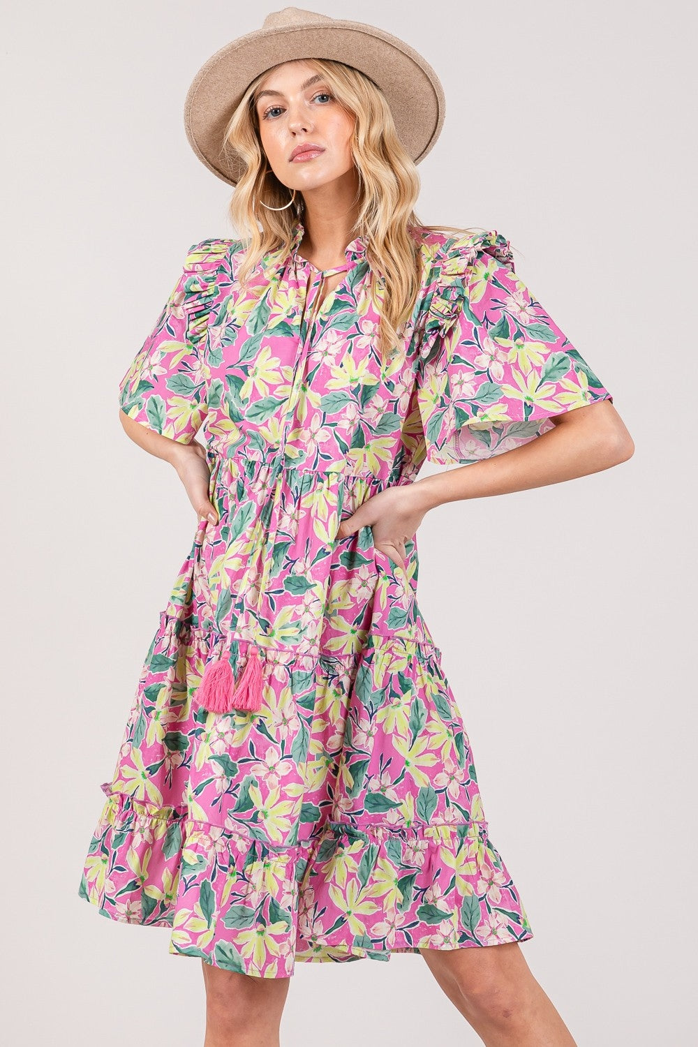 Blue Zone Planet | SAGE + FIG Floral Ruffle Short Sleeve Dress-TOPS / DRESSES-[Adult]-[Female]-2022 Online Blue Zone Planet
