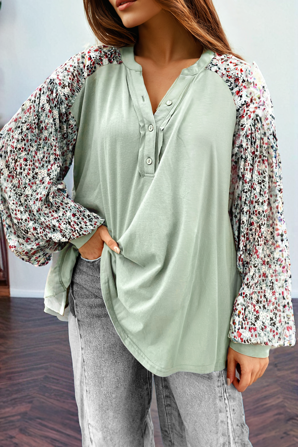 Meadow Mist Green Contrast Printed Bubble Sleeve Henley Loose Top with Slits-Tops/Long Sleeve Tops-[Adult]-[Female]-Meadow Mist Green-S-2022 Online Blue Zone Planet