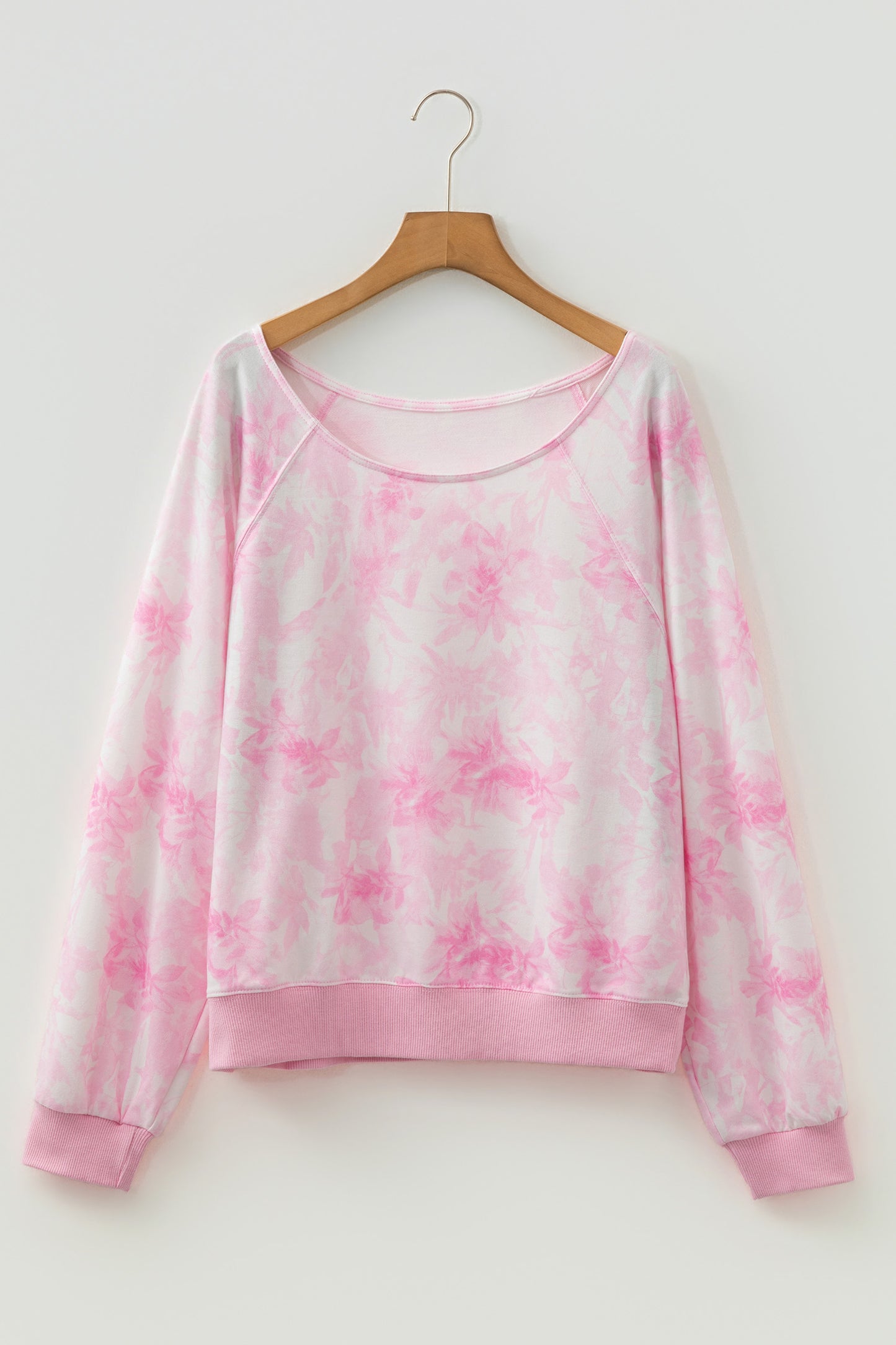 Pink Abstract Woodland Print Asymmetric Shoulder Long Sleeve Top