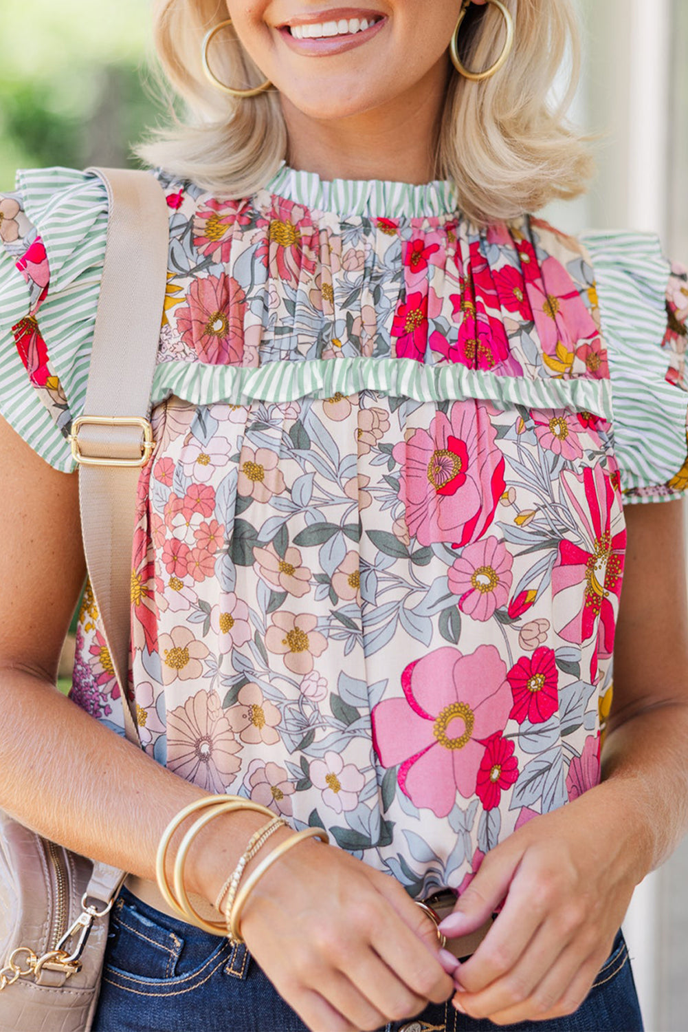 Pink Floral Print Contrast Ruffle Trim Short Sleeve Blouse-Tops/Blouses & Shirts-[Adult]-[Female]-Pink-S-2022 Online Blue Zone Planet