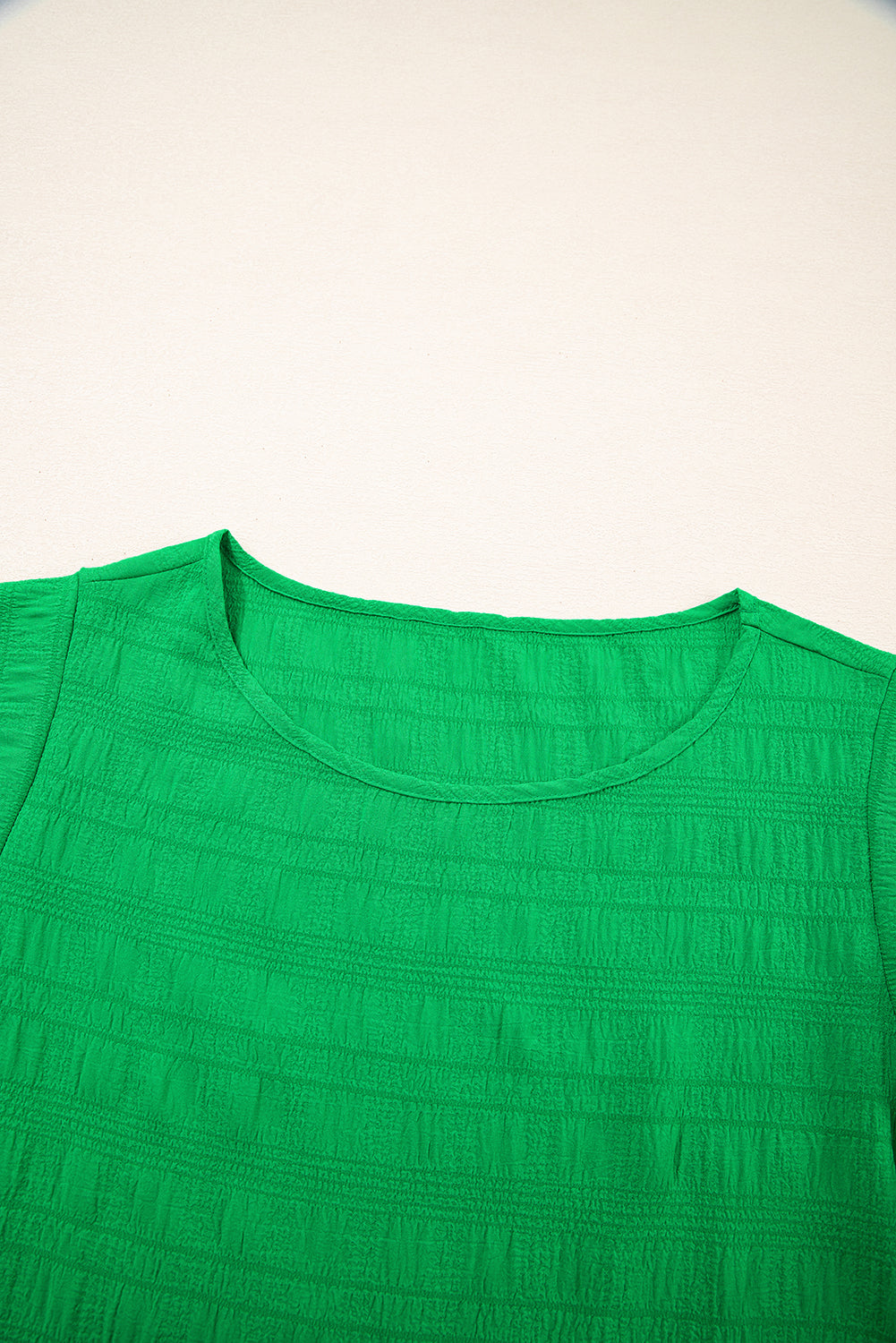 Dark Green Textured Ruffled Sleeve Round Neck Top-Tops/Blouses & Shirts-[Adult]-[Female]-2022 Online Blue Zone Planet