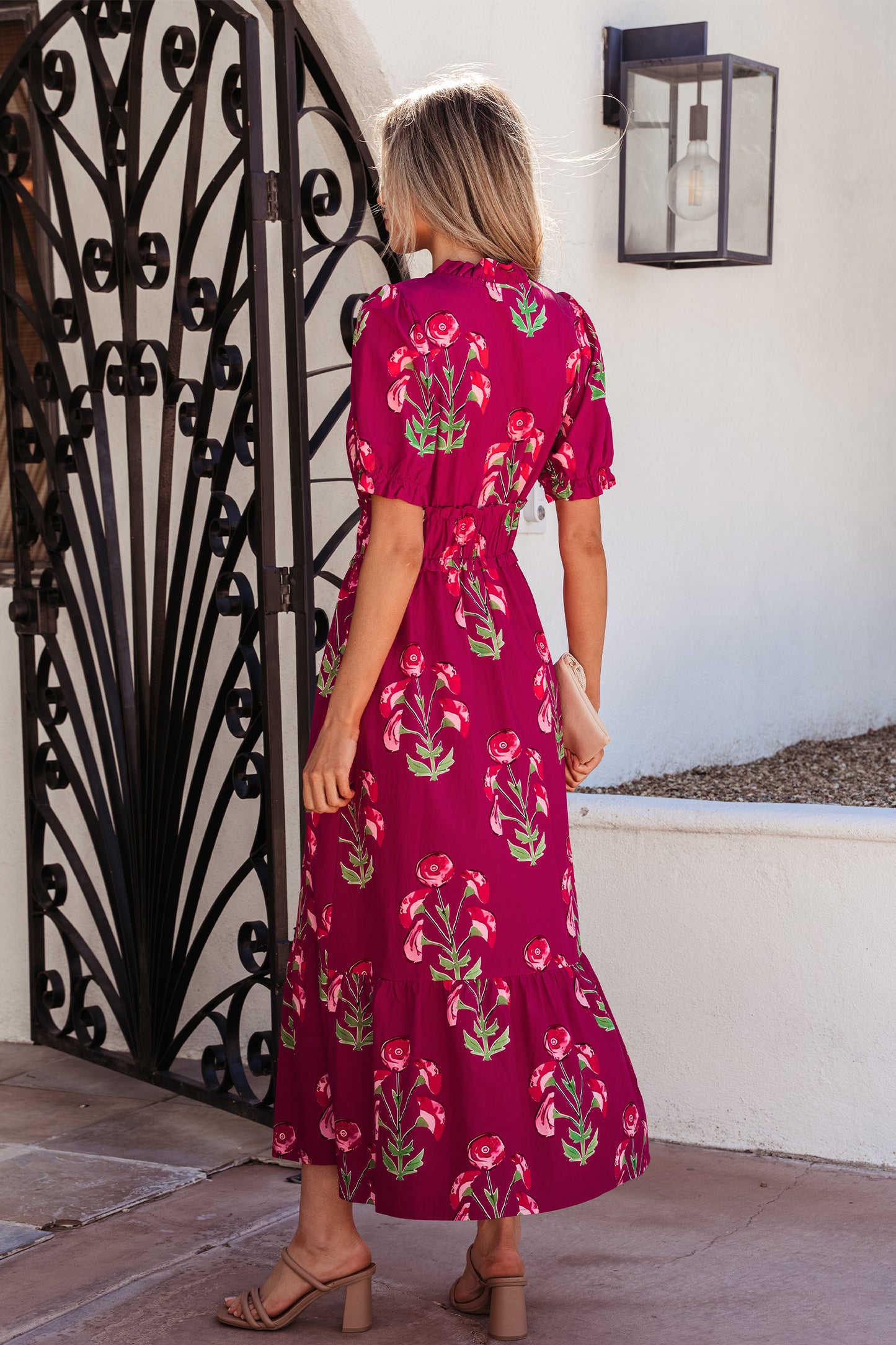 Red Floral Print Frilled V Neck Short Sleeve Ruffle Maxi Dress-TOPS / DRESSES-[Adult]-[Female]-2022 Online Blue Zone Planet
