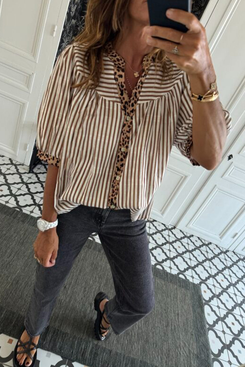 Brown Stripe Leopard Trim V Neck Button Down Half Sleeve Shirt-Tops/Blouses & Shirts-[Adult]-[Female]-2022 Online Blue Zone Planet