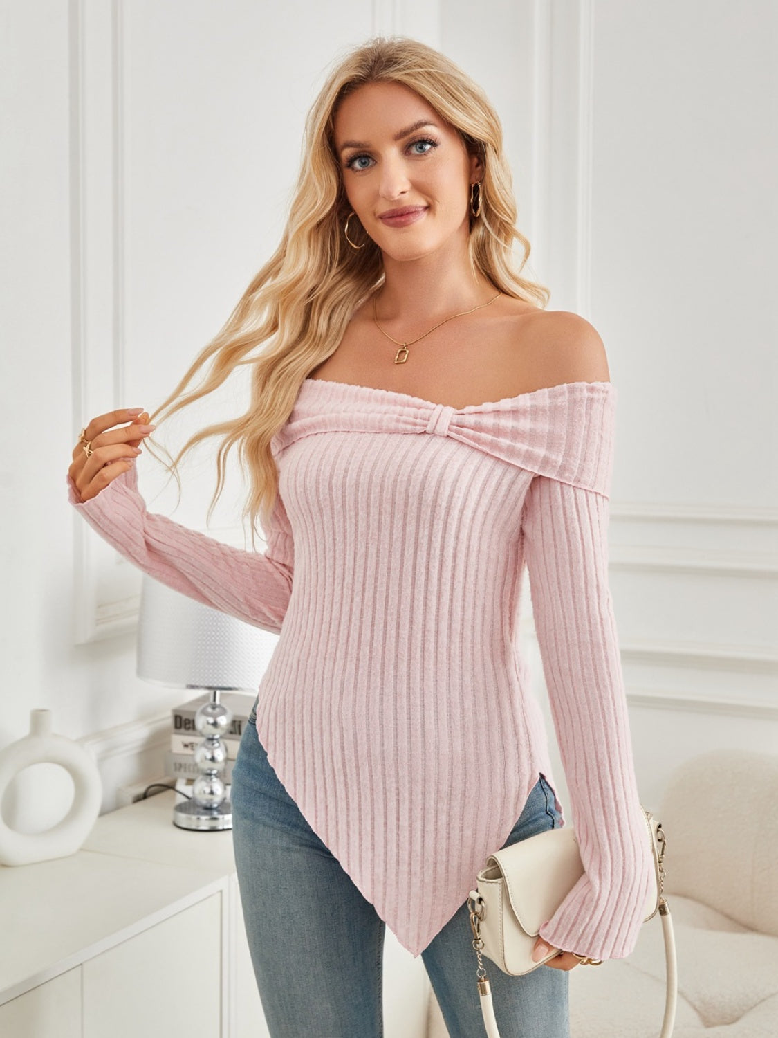 Ribbed Asymmetrical Hem Off-Shoulder Long Sleeve T-Shirt-[Adult]-[Female]-2022 Online Blue Zone Planet